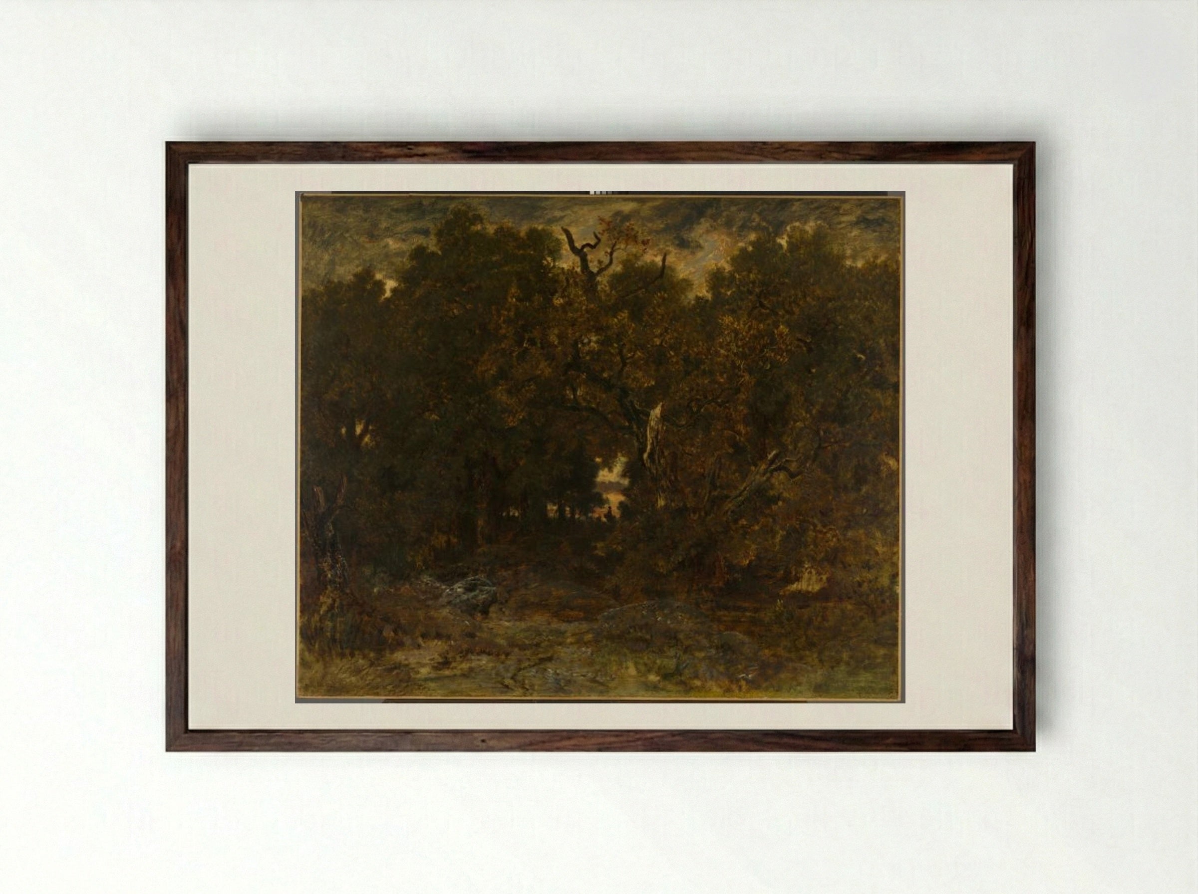 Leaving the Forest, Fontainebleau: Setting Sun - Théodore Rousseau - Framed Print Dark Wood