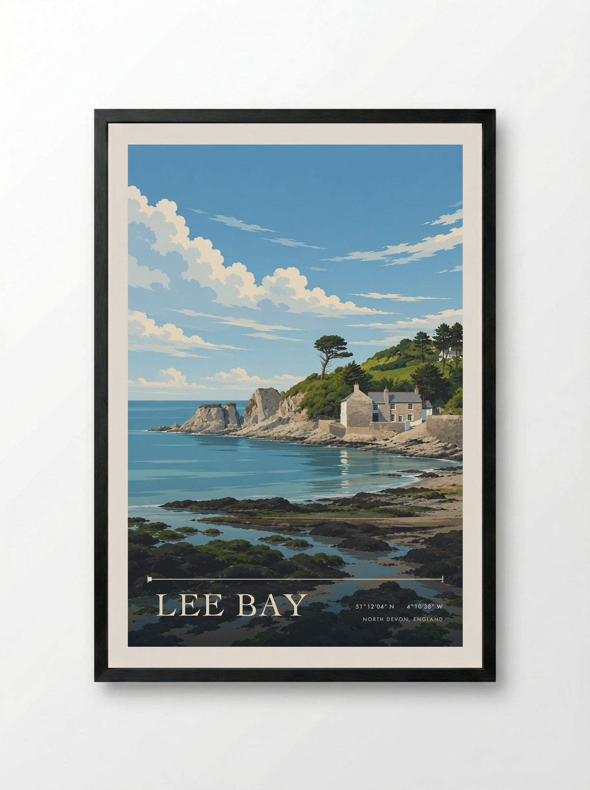 Lee Bay, North Devon, England | Travel Poster - Framed Print Black