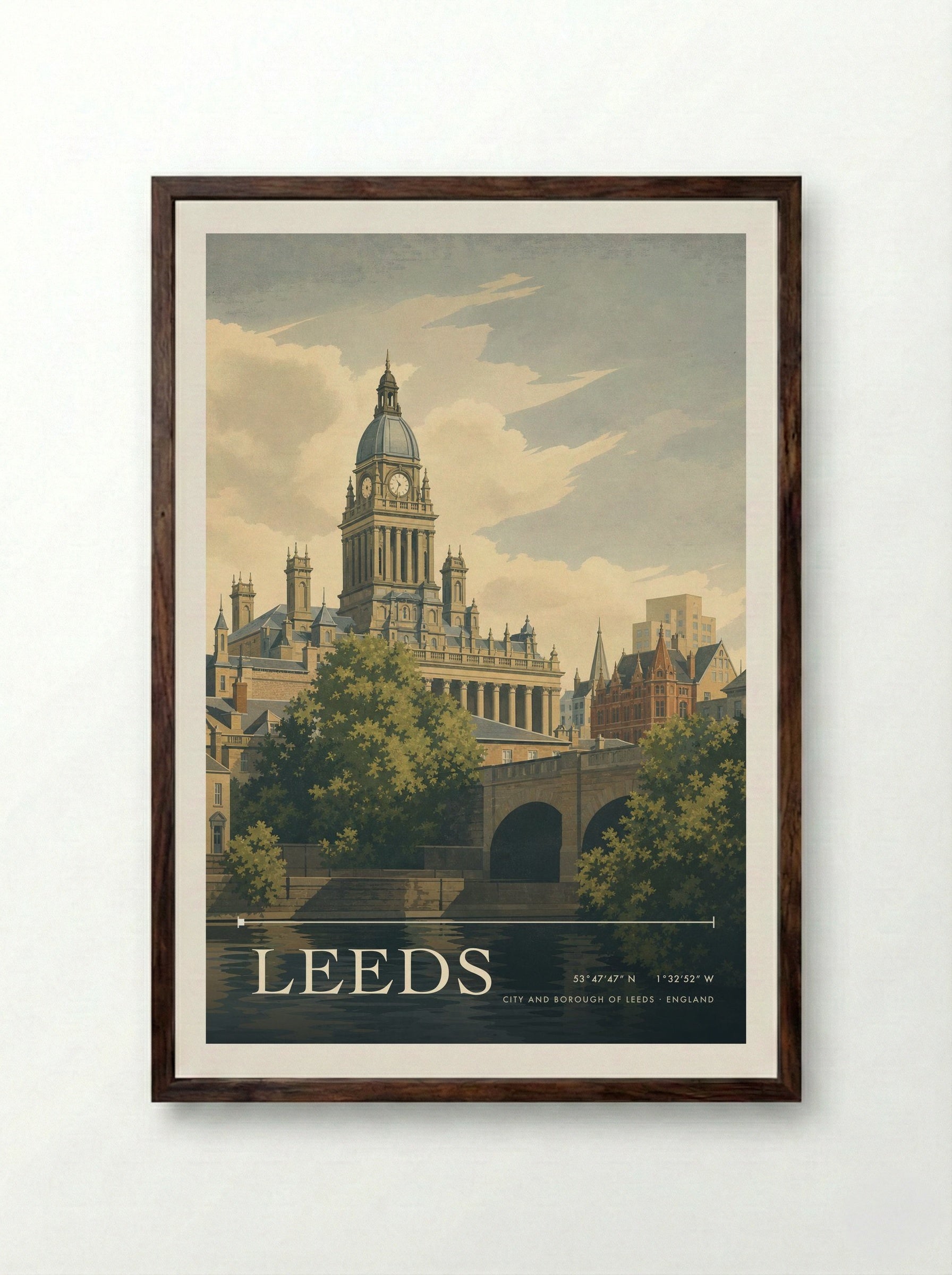 Leeds City and Borough of Leeds England Travel Poster - Framed Print Dark Wood