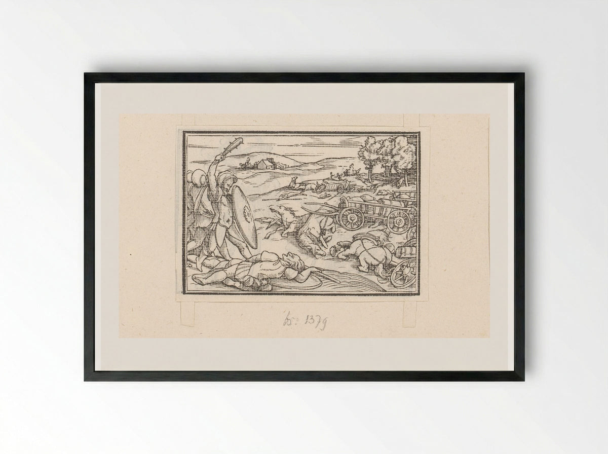 Leger van David schakelt de strijdwagens en het voetvolk van koning Hadadezer uit - Veit Rudolf Specklin - Framed Print Black