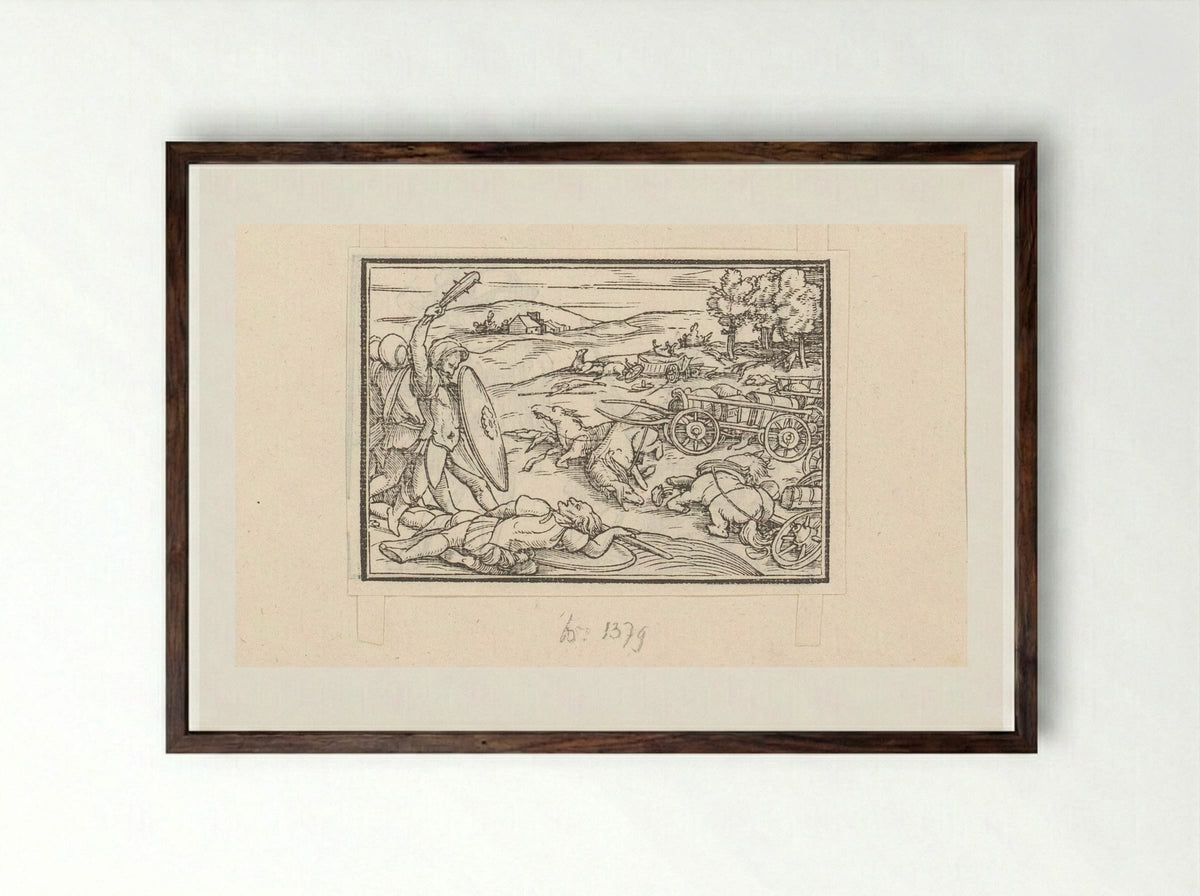 Leger van David schakelt de strijdwagens en het voetvolk van koning Hadadezer uit - Veit Rudolf Specklin - Framed Print Dark Wood