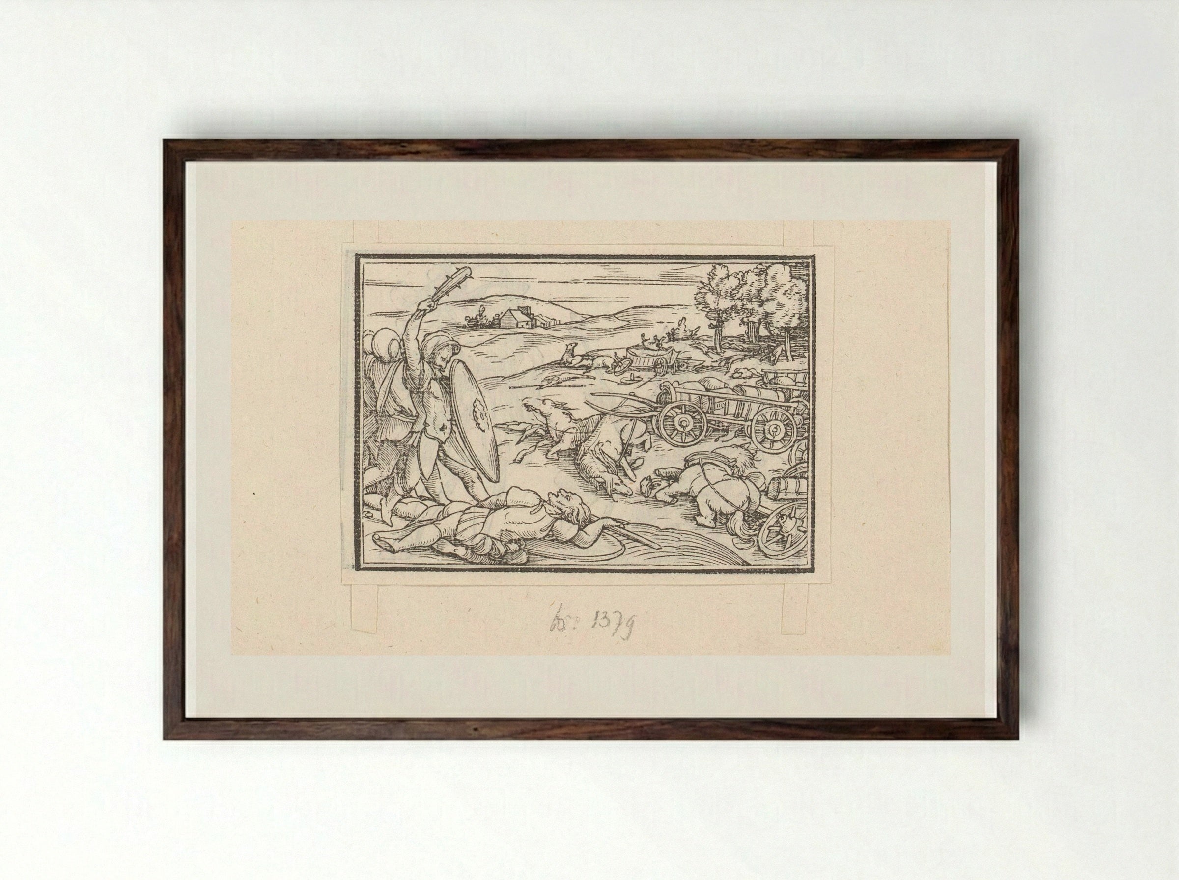Leger van David schakelt de strijdwagens en het voetvolk van koning Hadadezer uit - Veit Rudolf Specklin - Framed Print Dark Wood