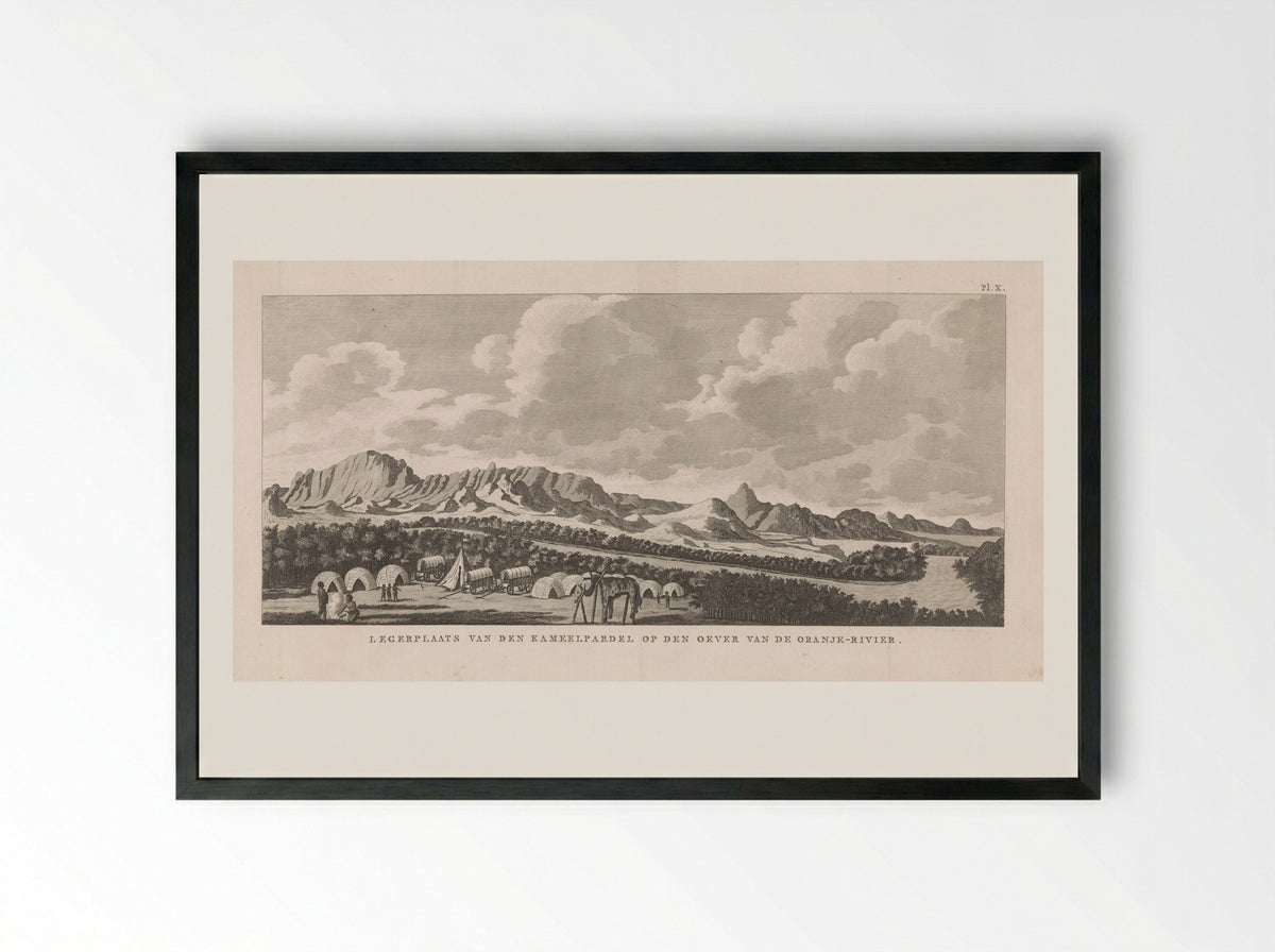 Legerplaats van den Kameelpardel op den Oever van de Oranje-Rivier - Dirk de Jong - Framed Print Black