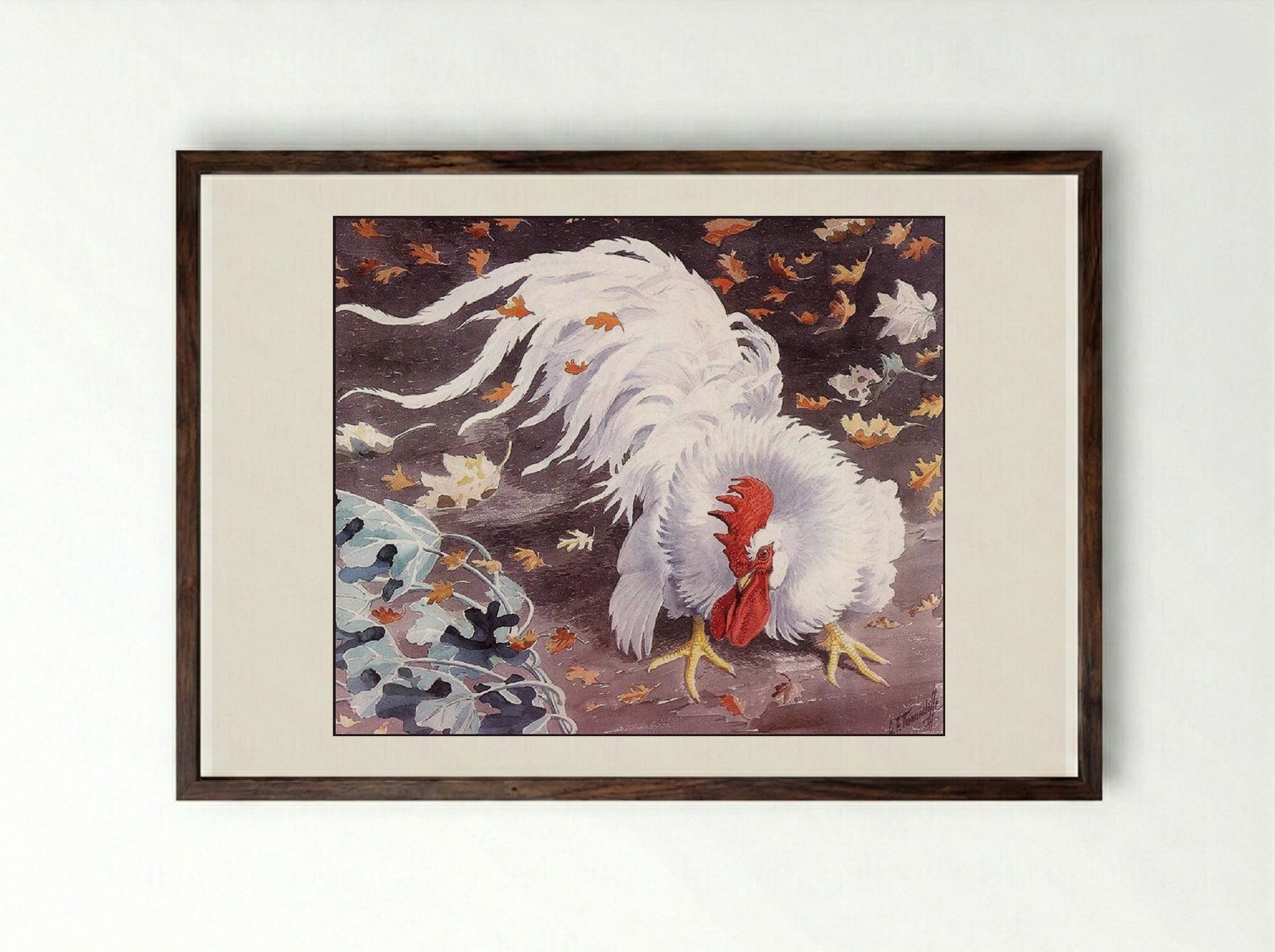 Leghorn Cockerel - Charles Tunnicliffe - Framed Print Dark Wood