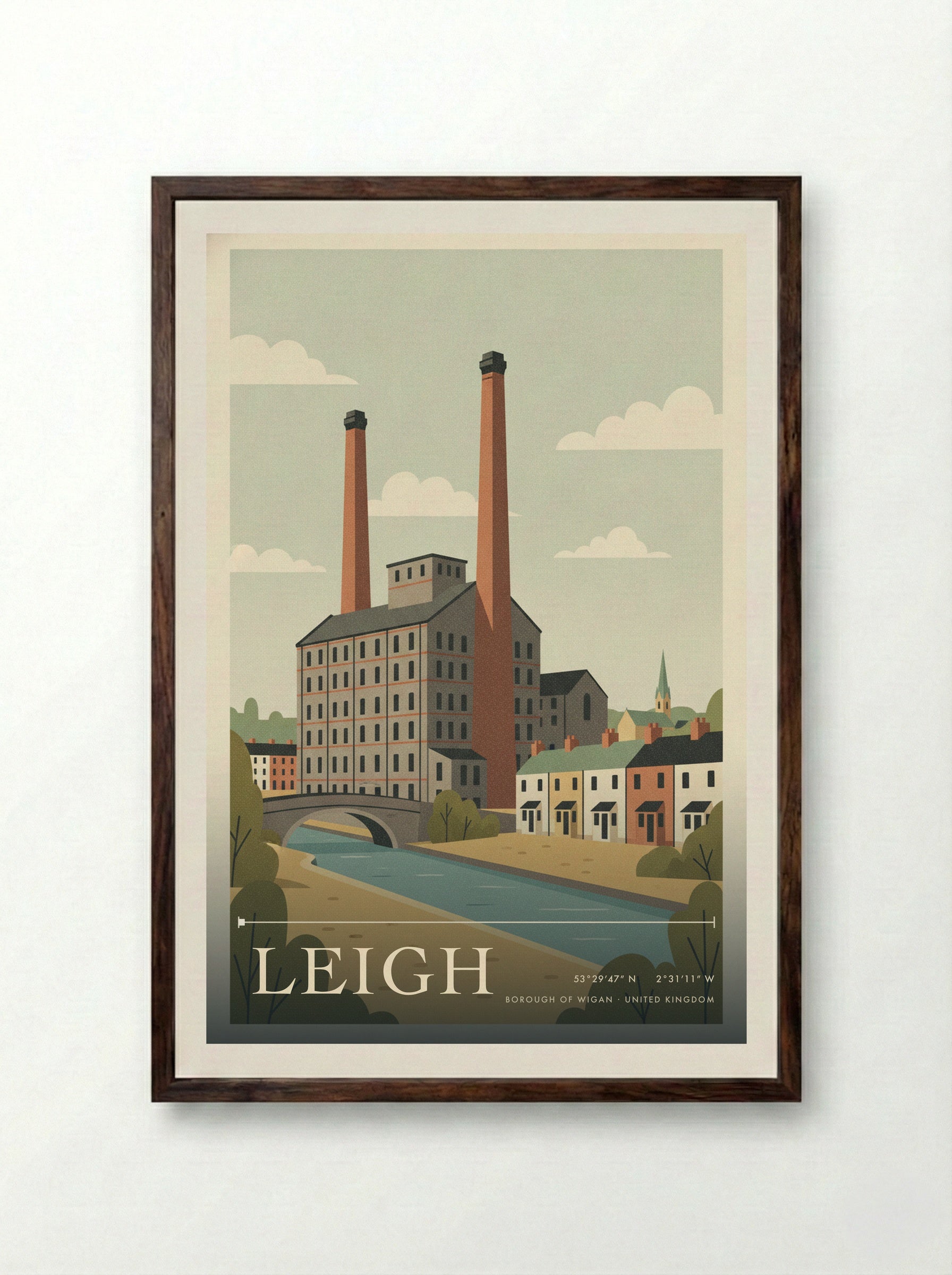 Leigh Borough of Wigan United Kingdom Travel Poster - Framed Print Dark Wood