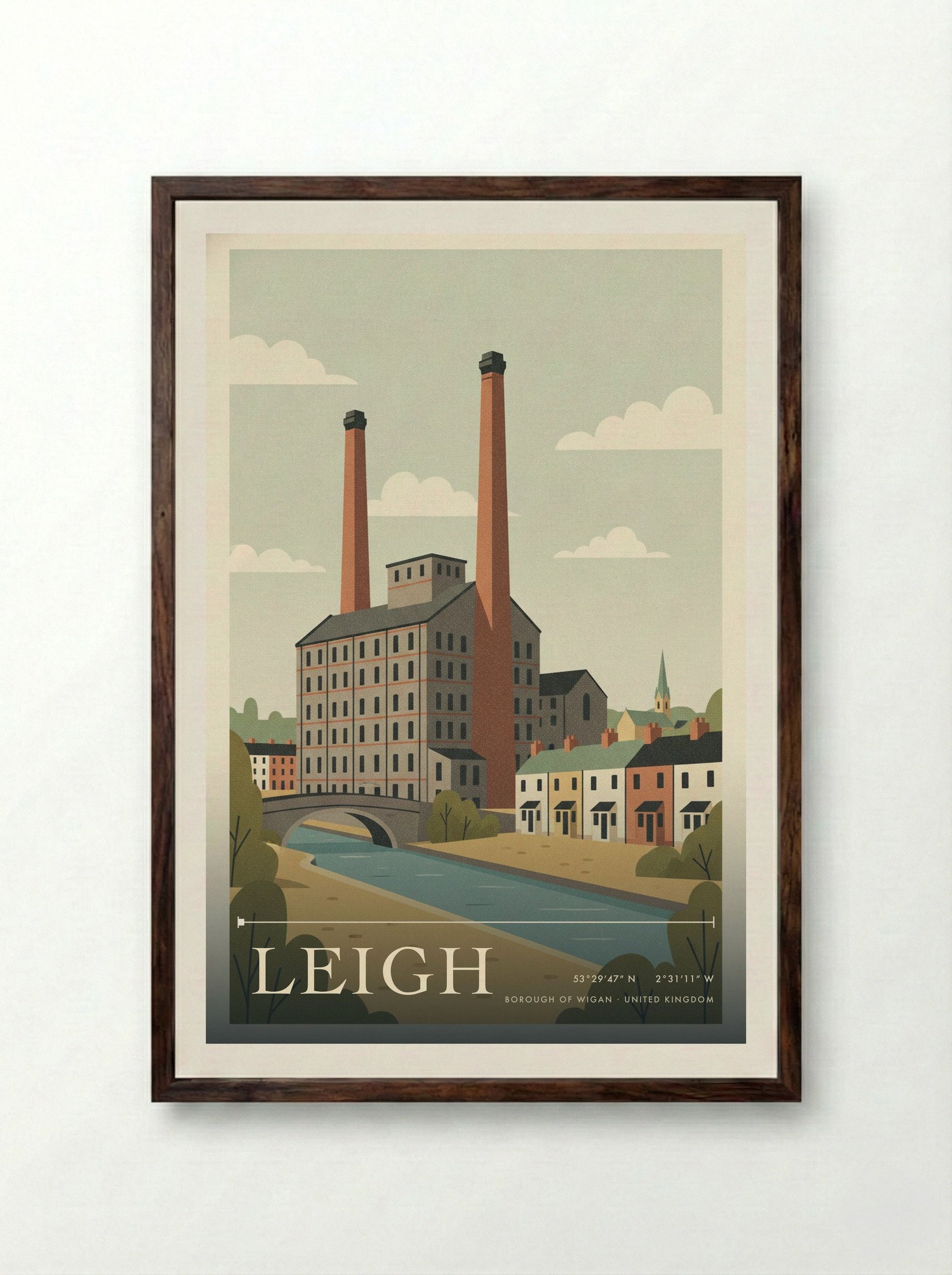Leigh Borough of Wigan United Kingdom Travel Poster - Framed Print Dark Wood