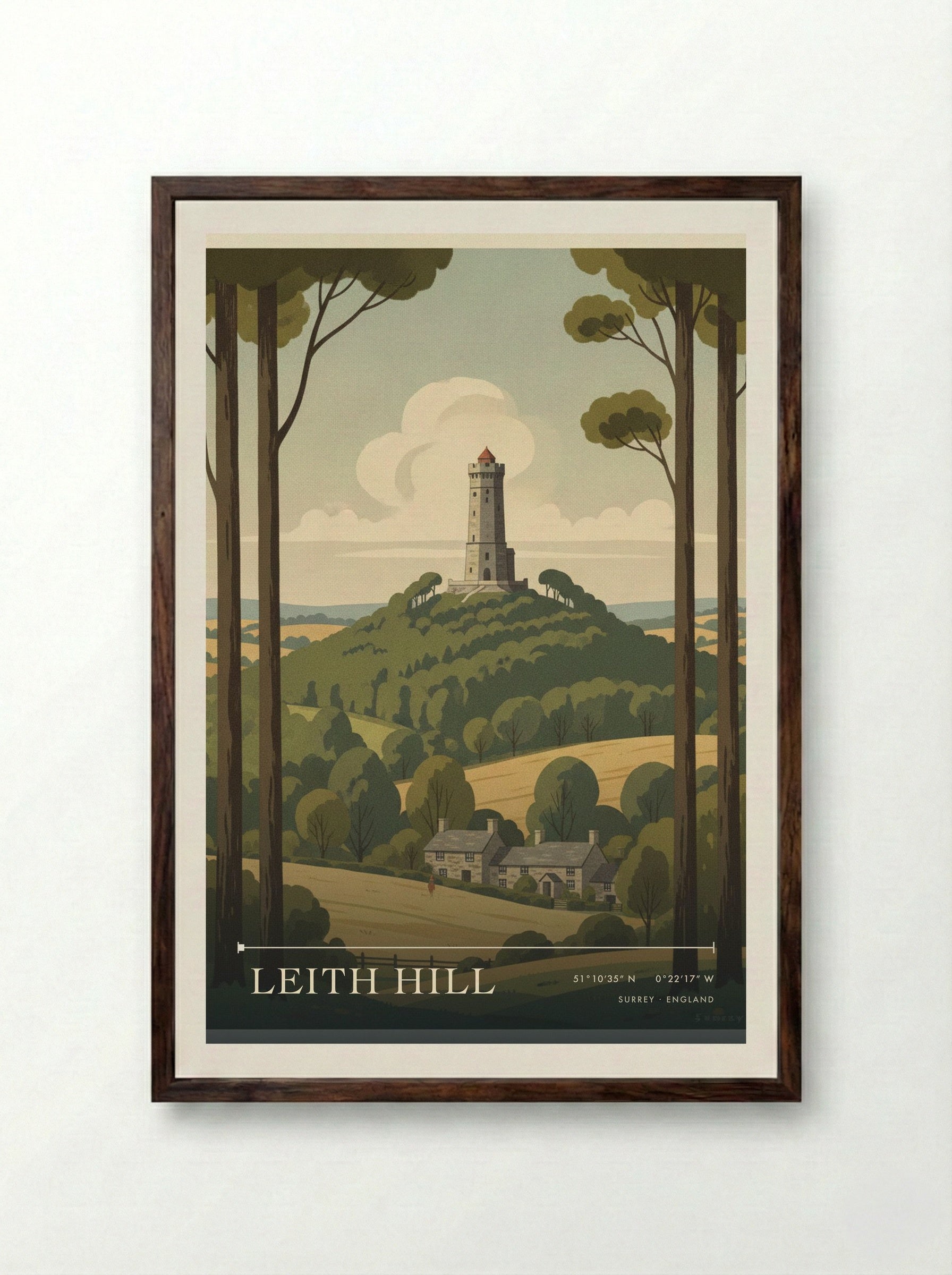 Leith Hill Surrey England Travel Poster - Framed Print Dark Wood