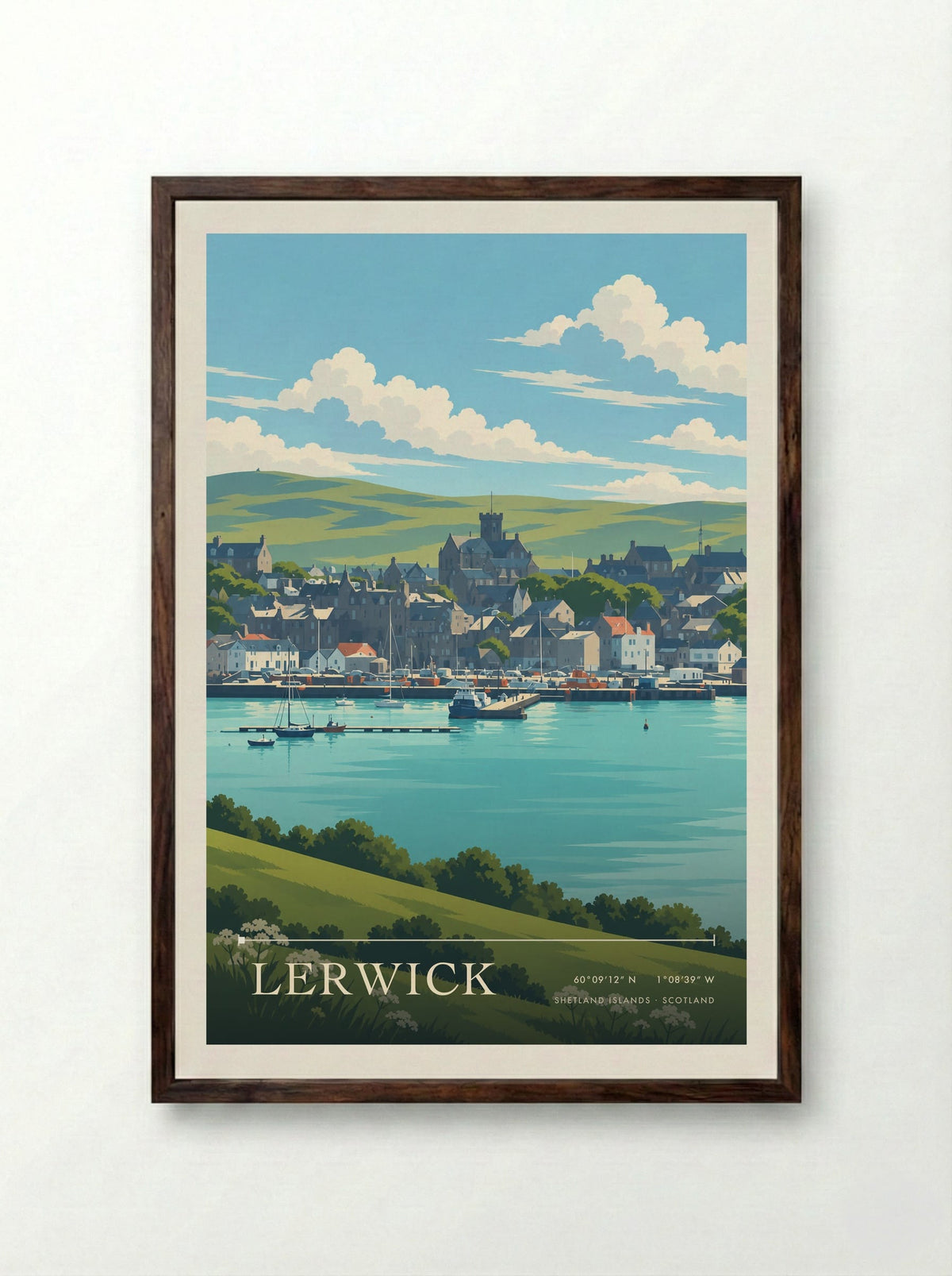 Lerwick, Shetland Islands | Travel Poster - Framed Print Dark Wood