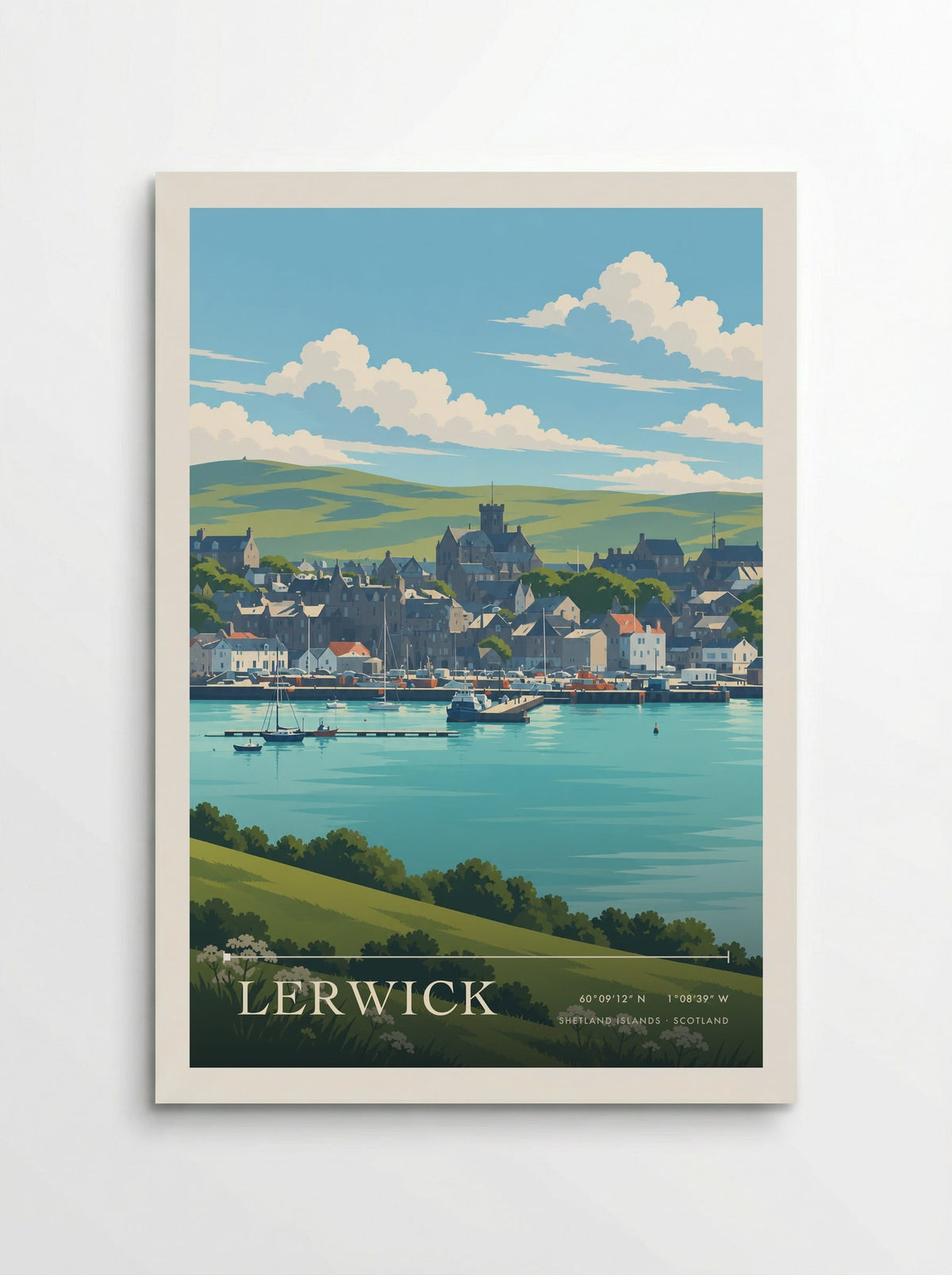 Lerwick, Shetland Islands travel poster: small boats, pale sandstone buildings and a square town tower below softly rounded green hills