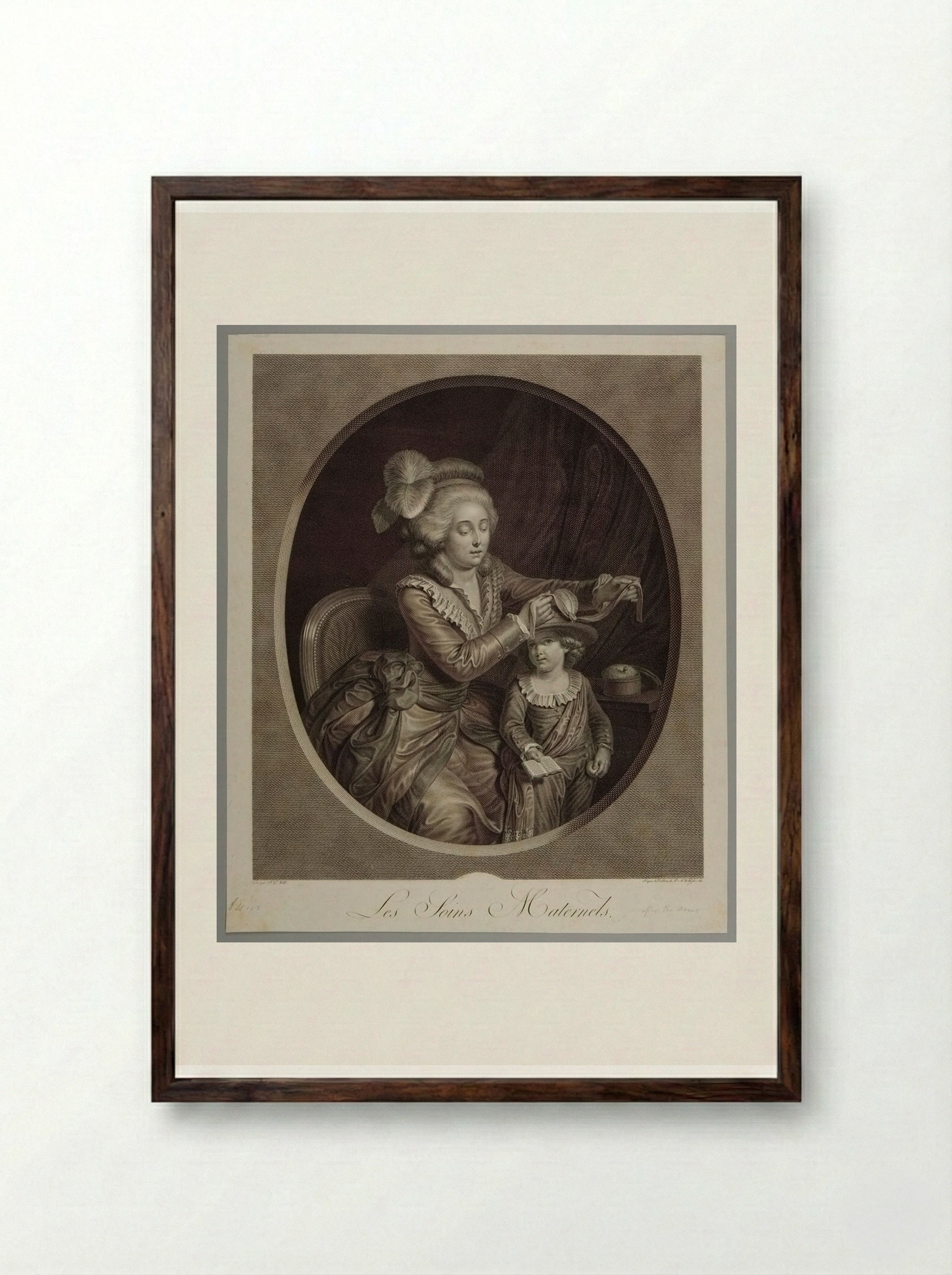 Les Soins Maternels - Johann Georg Wille - Framed Print Dark Wood