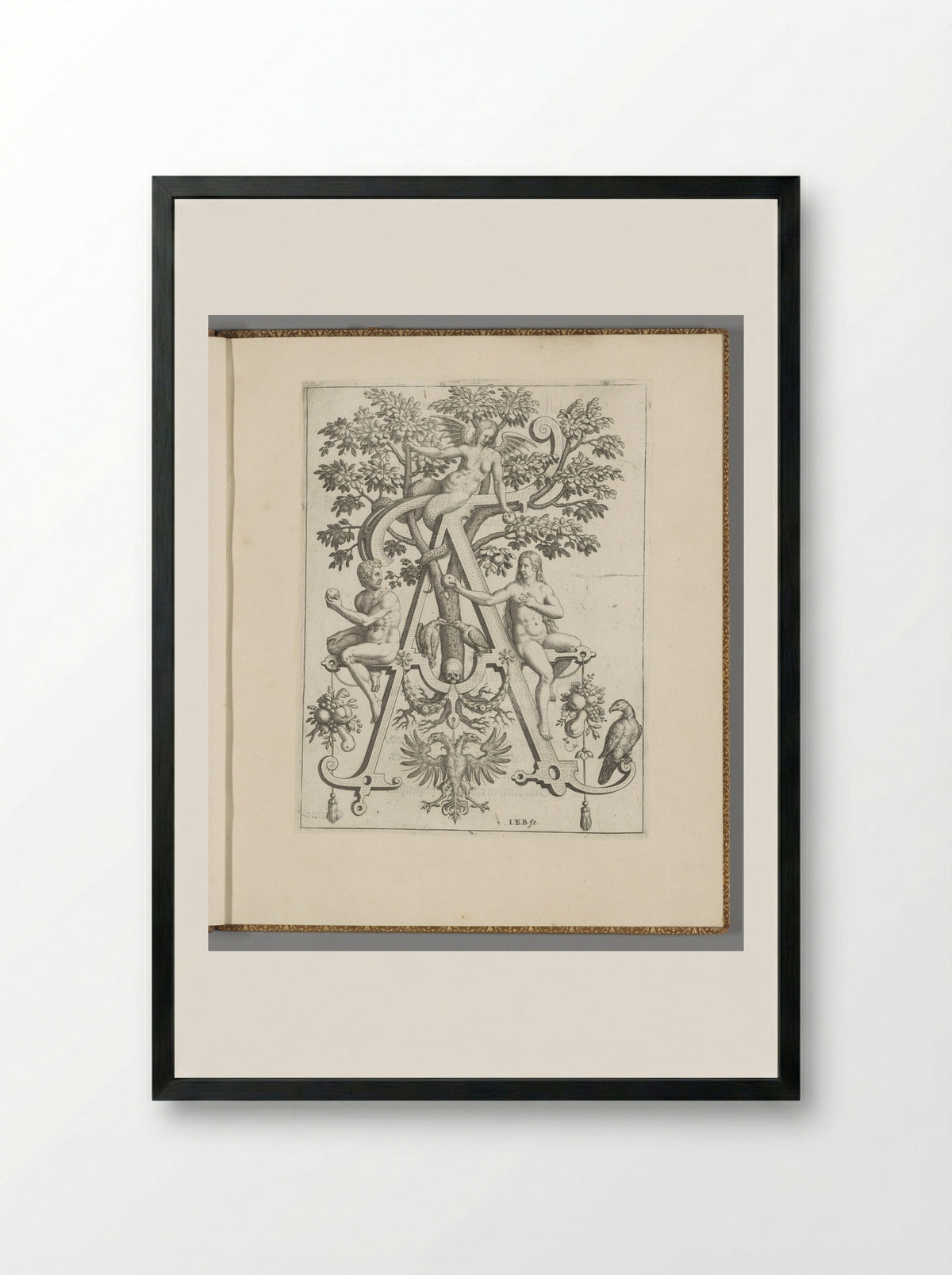 Letter A with Adam and Eve - Johann Israel de Bry - Framed Print Black