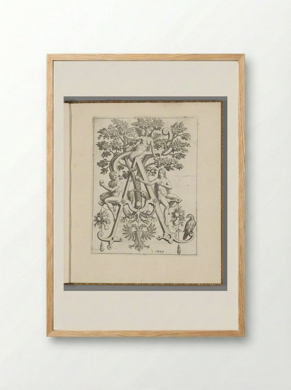 Letter A with Adam and Eve - Johann Israel de Bry - Framed Print Wood
