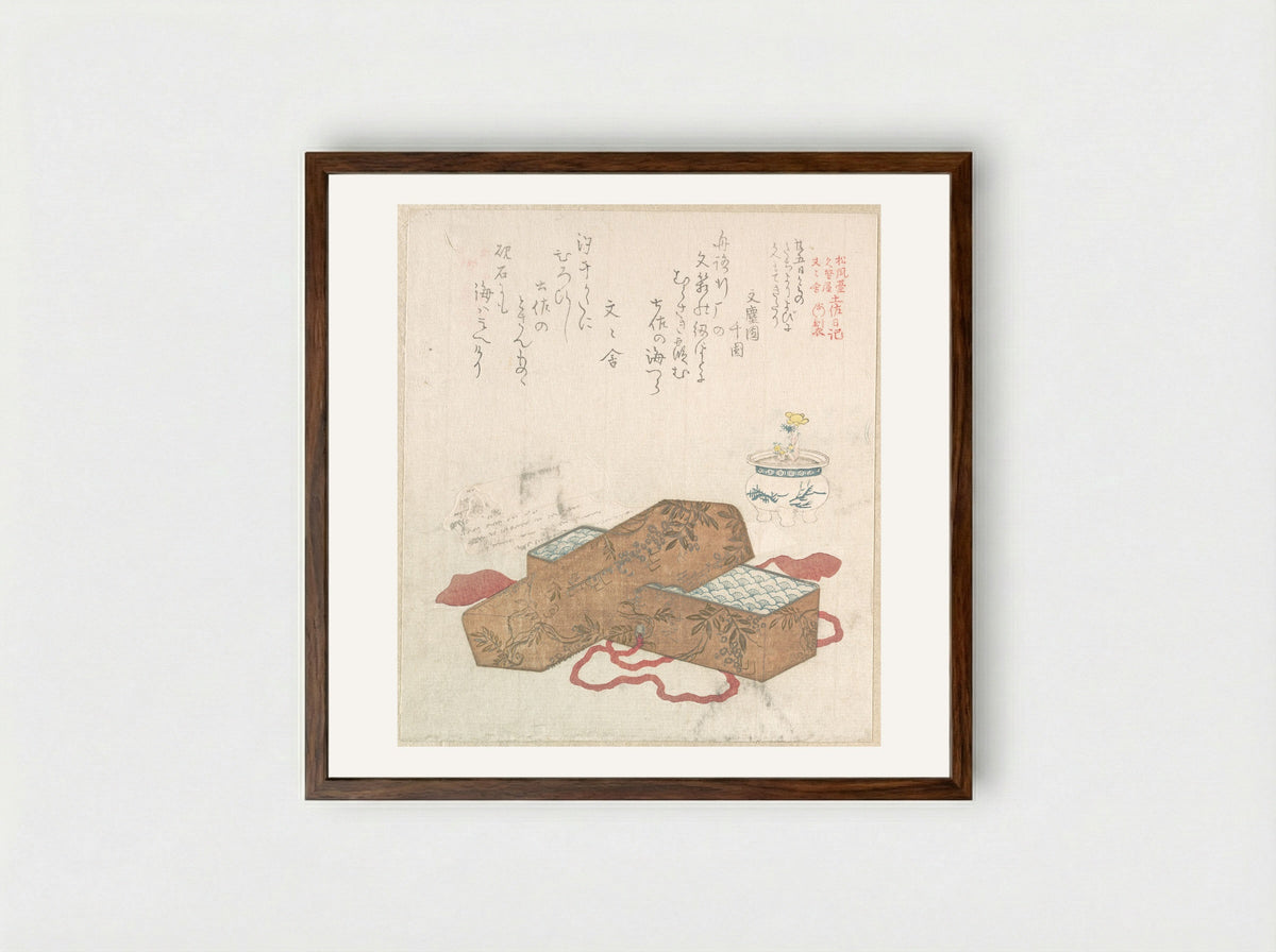 Letter-Box with Letter and Potted Flower - Kubo Shunman - Framed Print Dark Wood