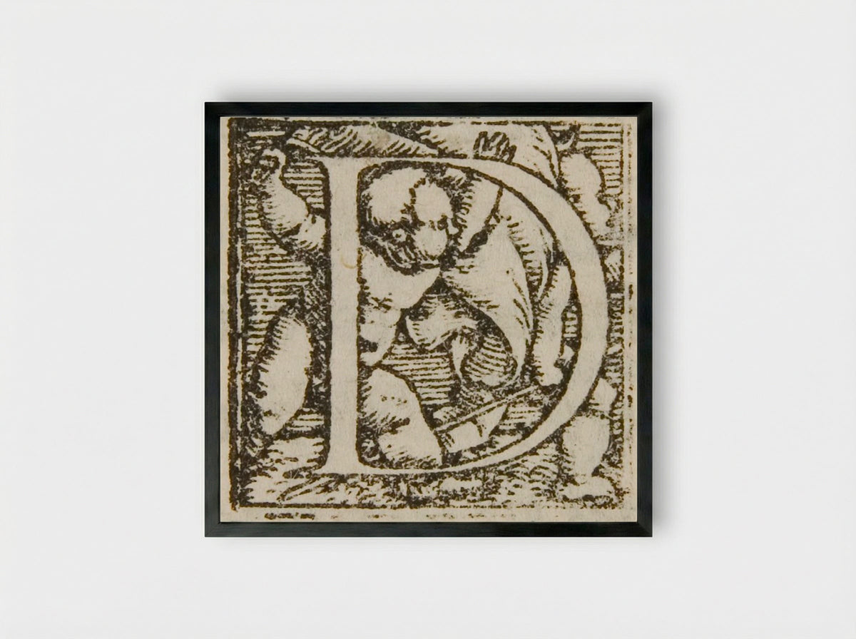 Letter D: Two Babies, One with a Banner the Other with a Staff - Hans Holbein the Younger - Framed Print Black