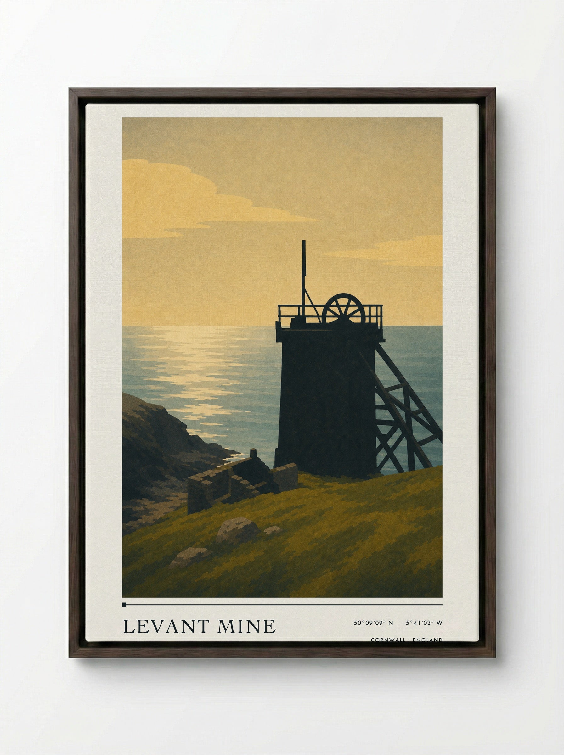 Levant Mine Cornwall England Travel Poster - Framed Canvas Dark Wood