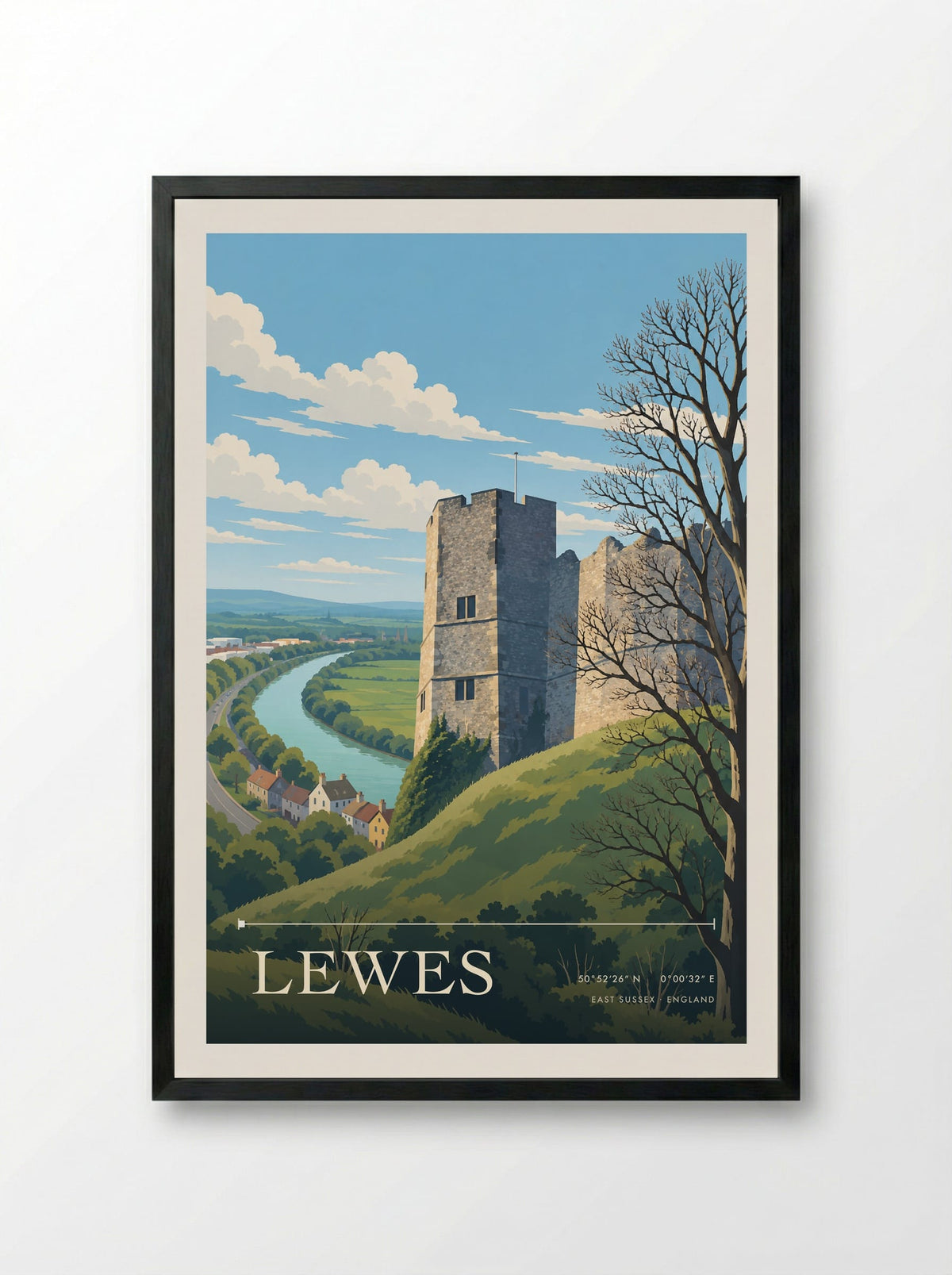 Lewes, East Sussex | Travel Poster - Framed Print Black