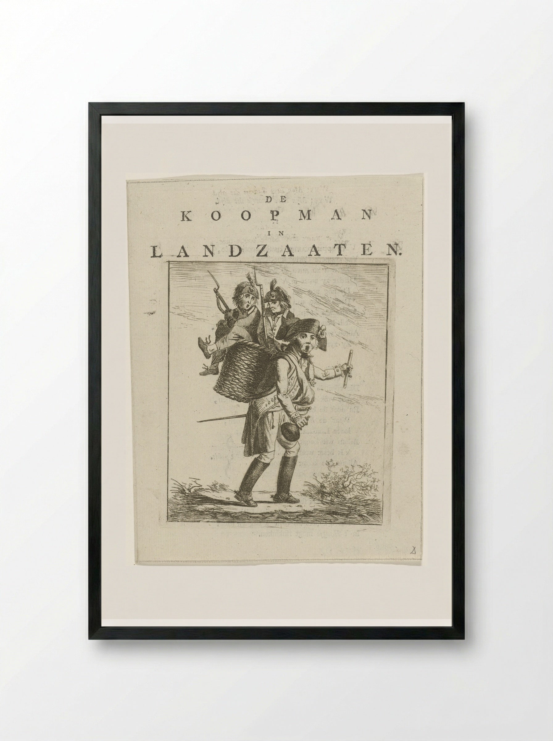 Liedblad en spotprent met soldaten - Hermanus Fock - Framed Print Black