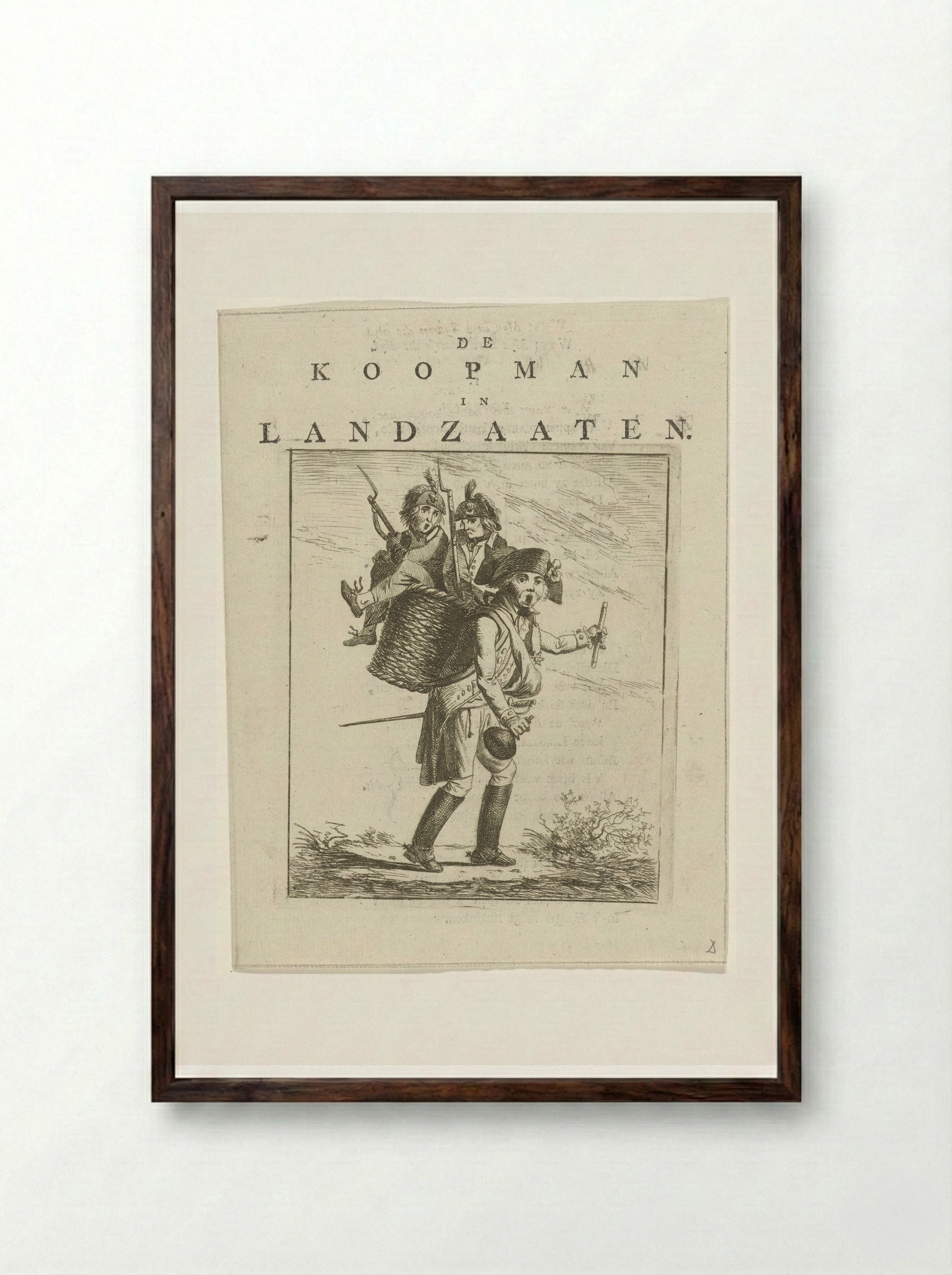 Liedblad en spotprent met soldaten - Hermanus Fock - Framed Print Dark Wood