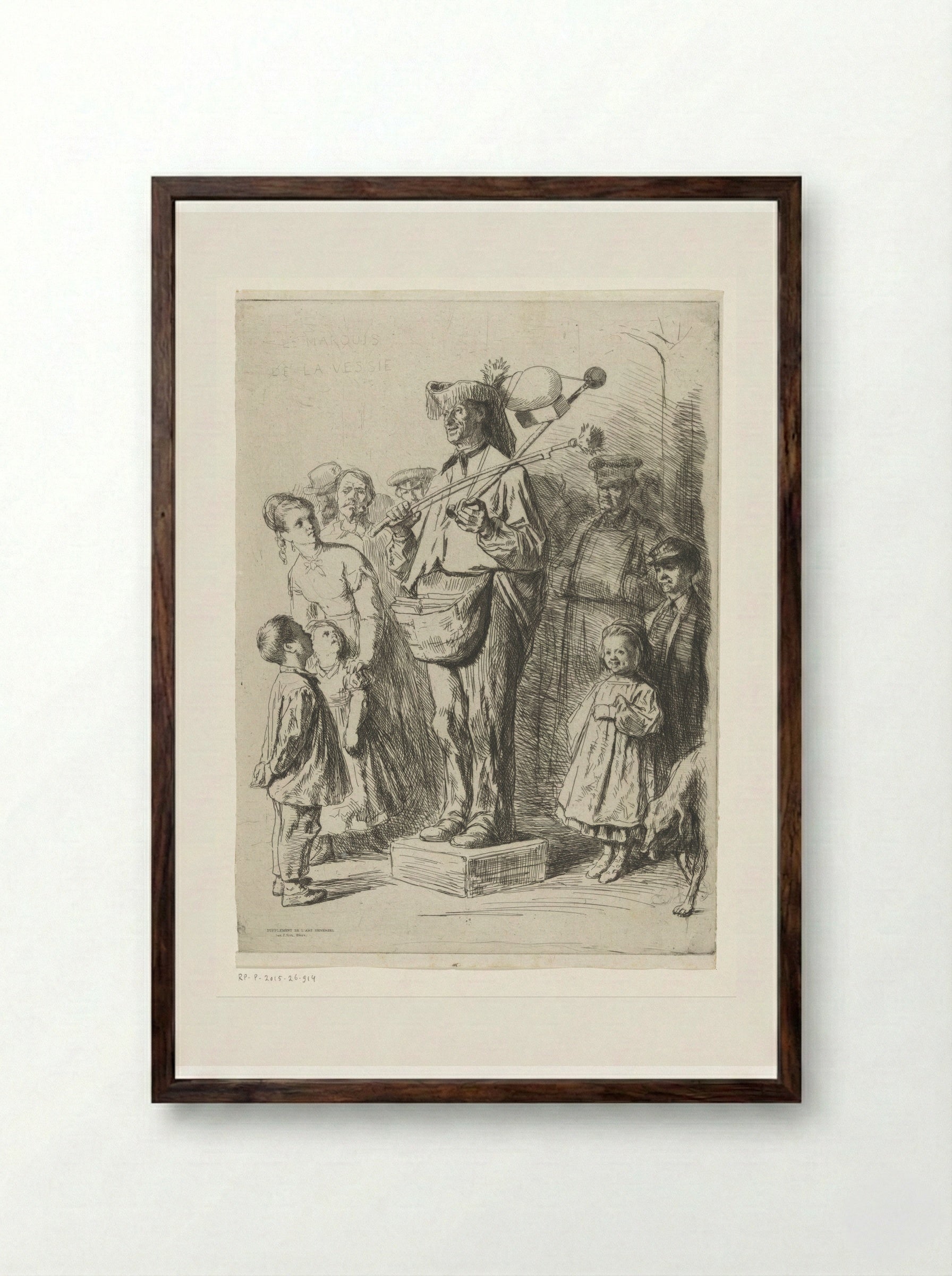 Liedjeszanger omringd door kinderen en volwassenen - Léopold Flameng - Framed Print Dark Wood