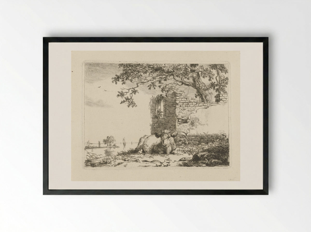 Liggend kalf voor een ruïne - Pieter Gerardus van Os - Framed Print Black
