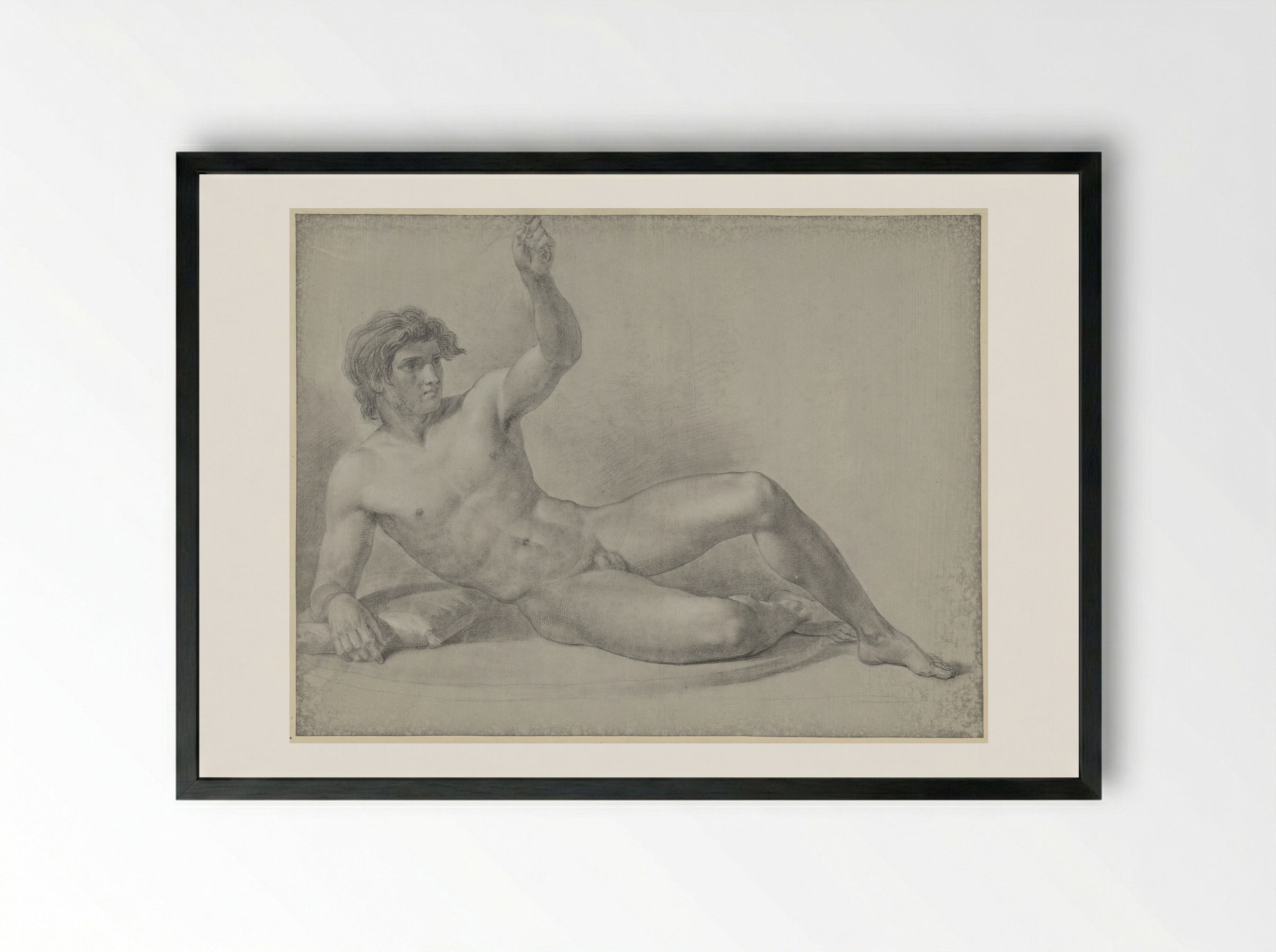 Liggend mannelijk naakt, half opzittend geleund op de rechterarm - Jean Grandjean - Framed Print Black