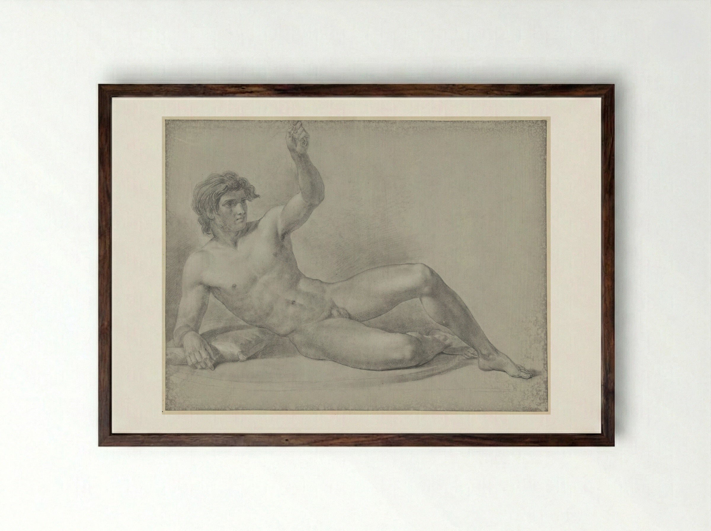 Liggend mannelijk naakt, half opzittend geleund op de rechterarm - Jean Grandjean - Framed Print Dark Wood
