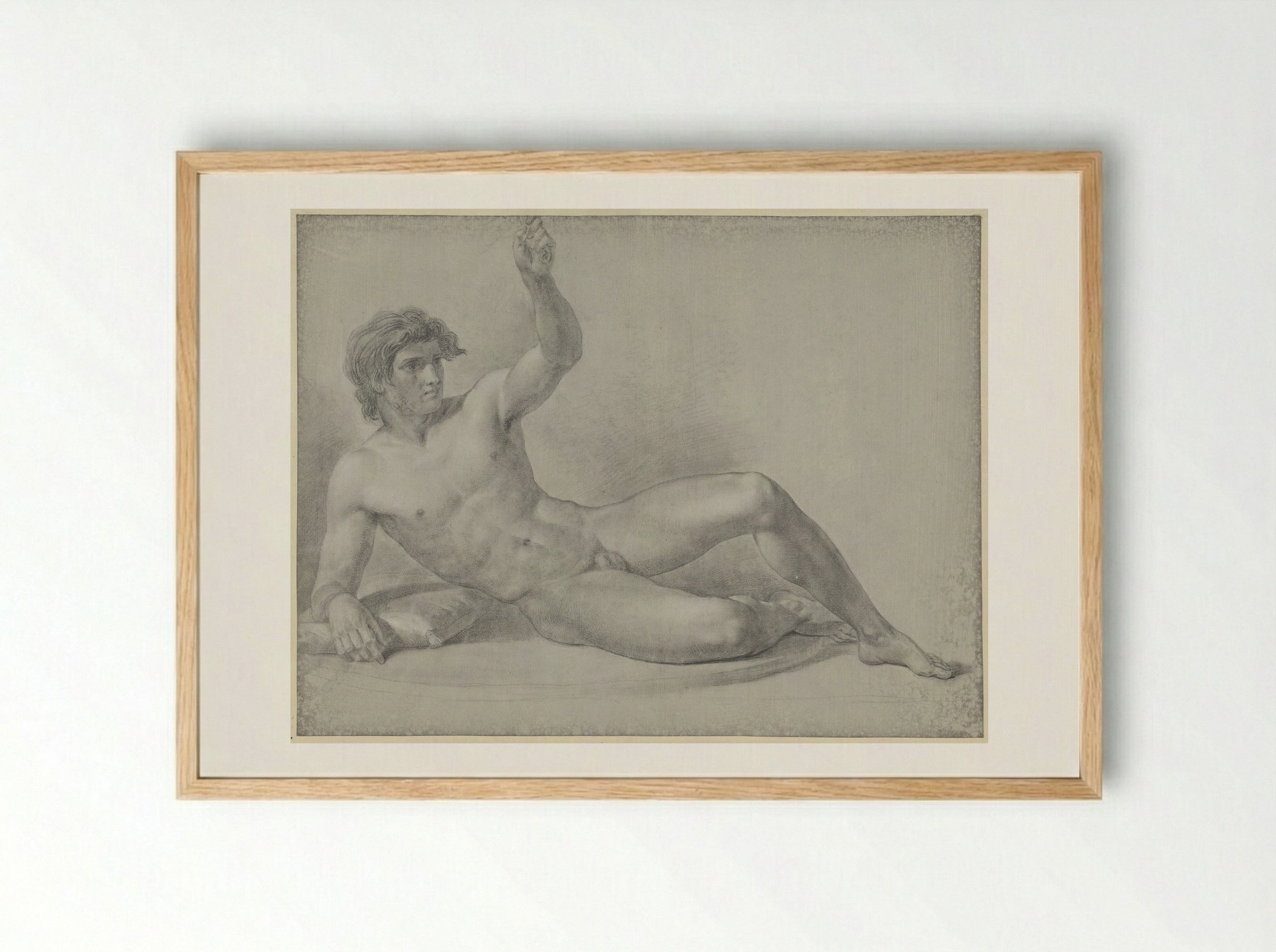 Liggend mannelijk naakt, half opzittend geleund op de rechterarm - Jean Grandjean - Framed Print Wood