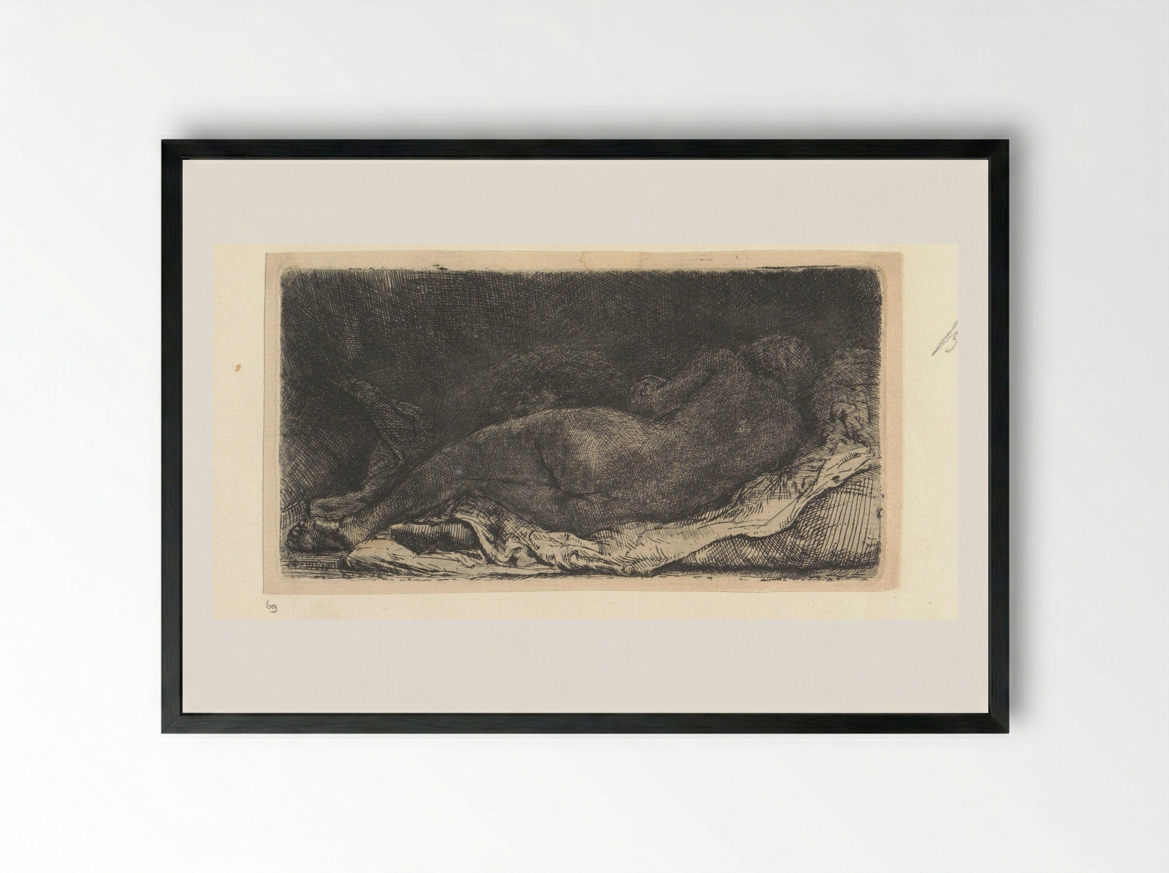Liggend vrouwelijk naakt (Reclining Female Nude) - Henry Louis Basan - Framed Print Black