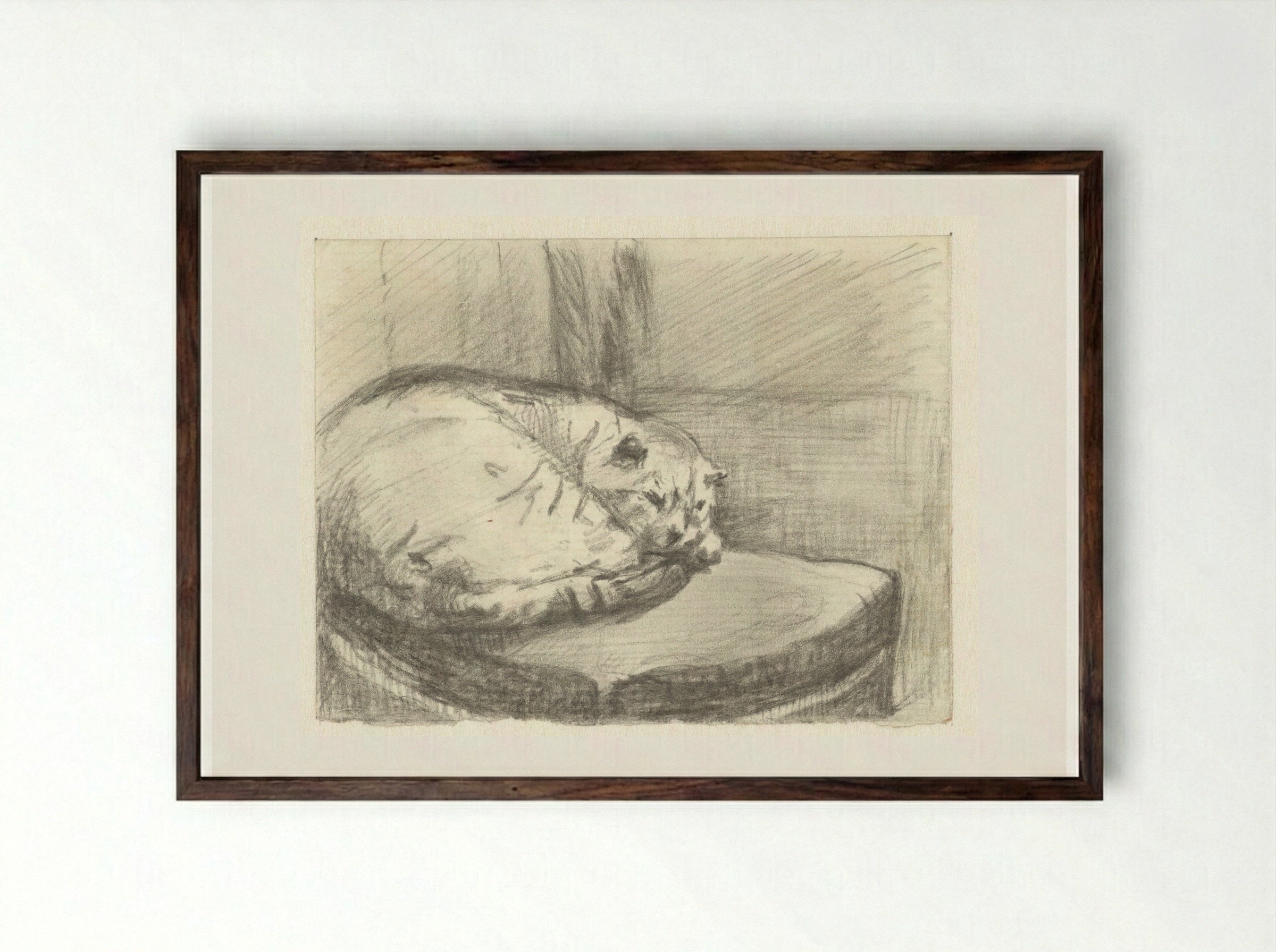 Liggende kat, op een stoel - Guillaume Anne van der Brugghen - Framed Print Dark Wood