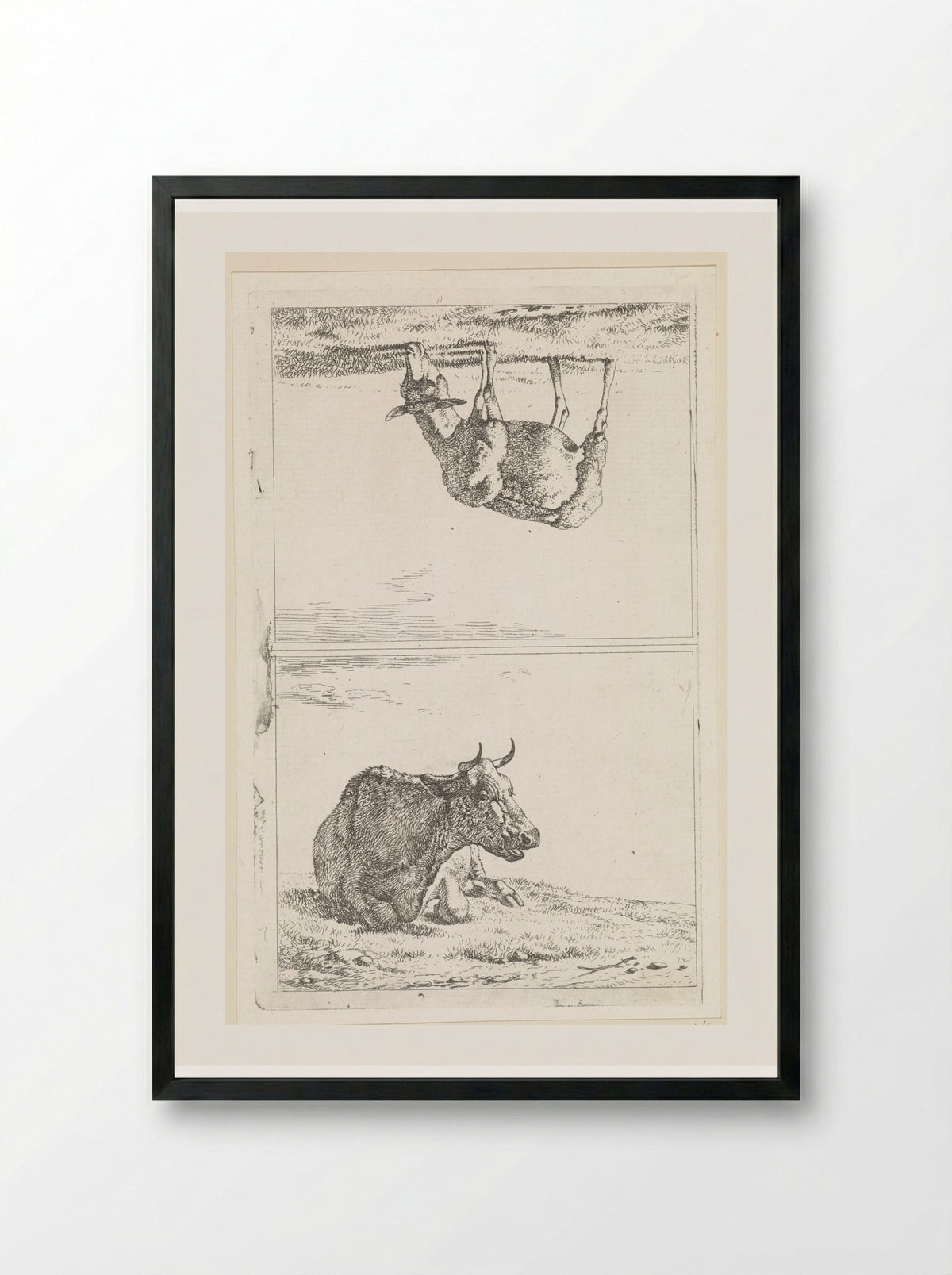 Liggende koe / Grazend schaap naar rechts - Wouter Johannes van Troostwijk - Framed Print Black