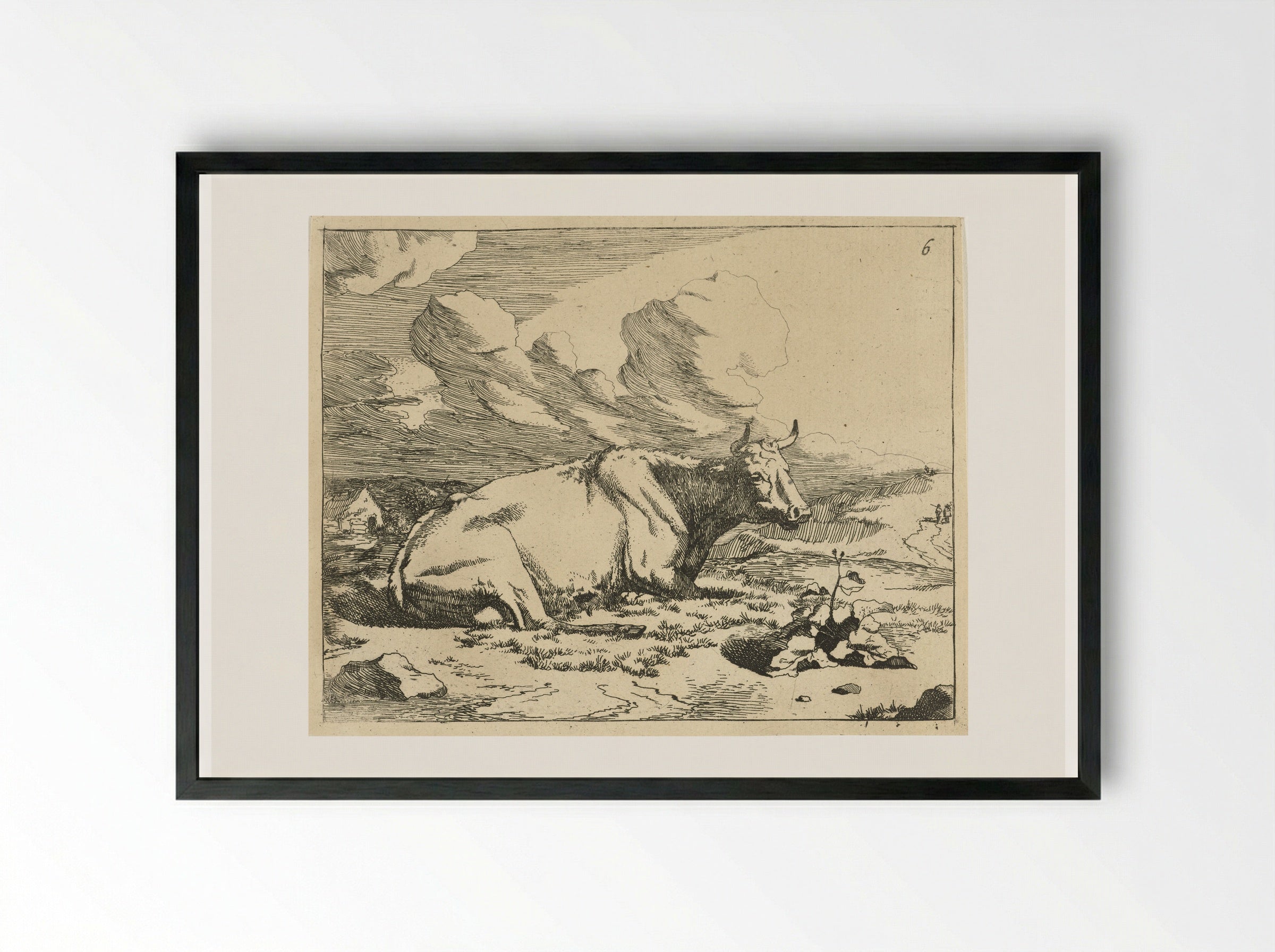 Liggende koe, en profil - Marcus de Bye - Framed Print Black