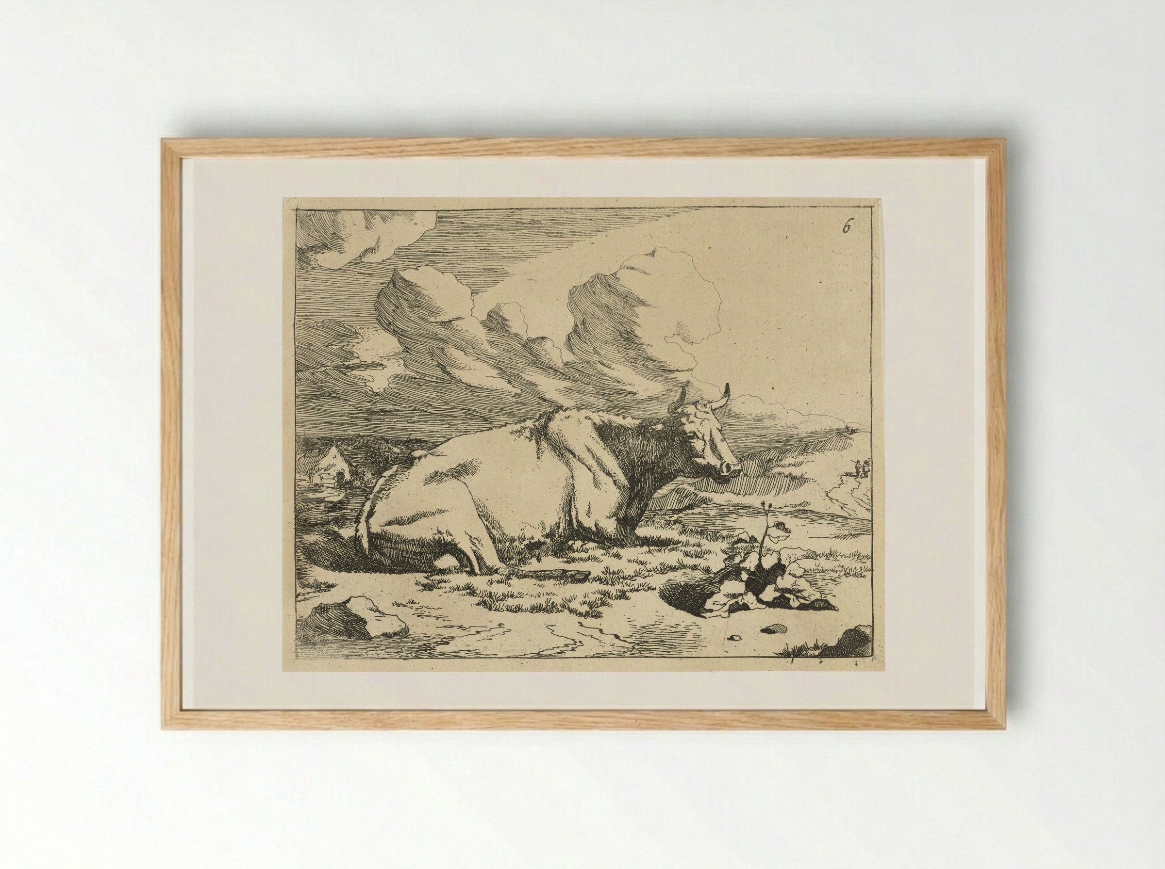 Liggende koe, en profil - Marcus de Bye - Framed Print Wood