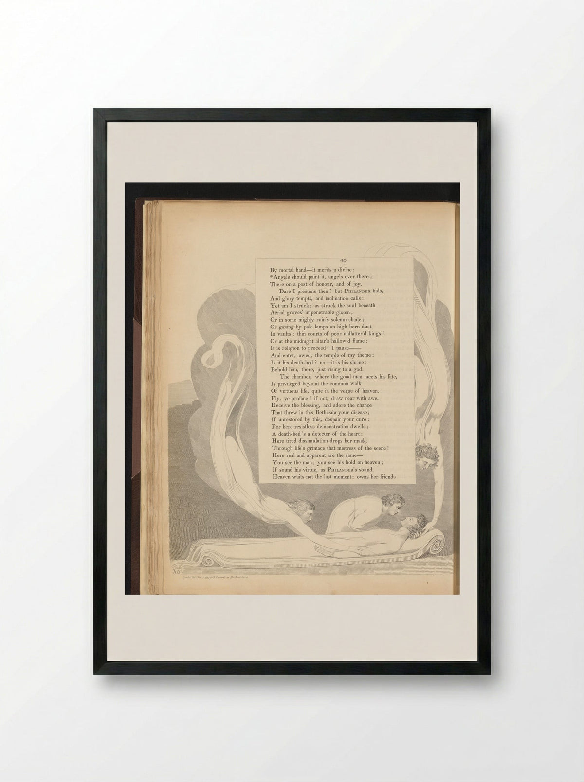 Liggende man omringd door drie vliegende figuren - William Blake - Framed Print Black