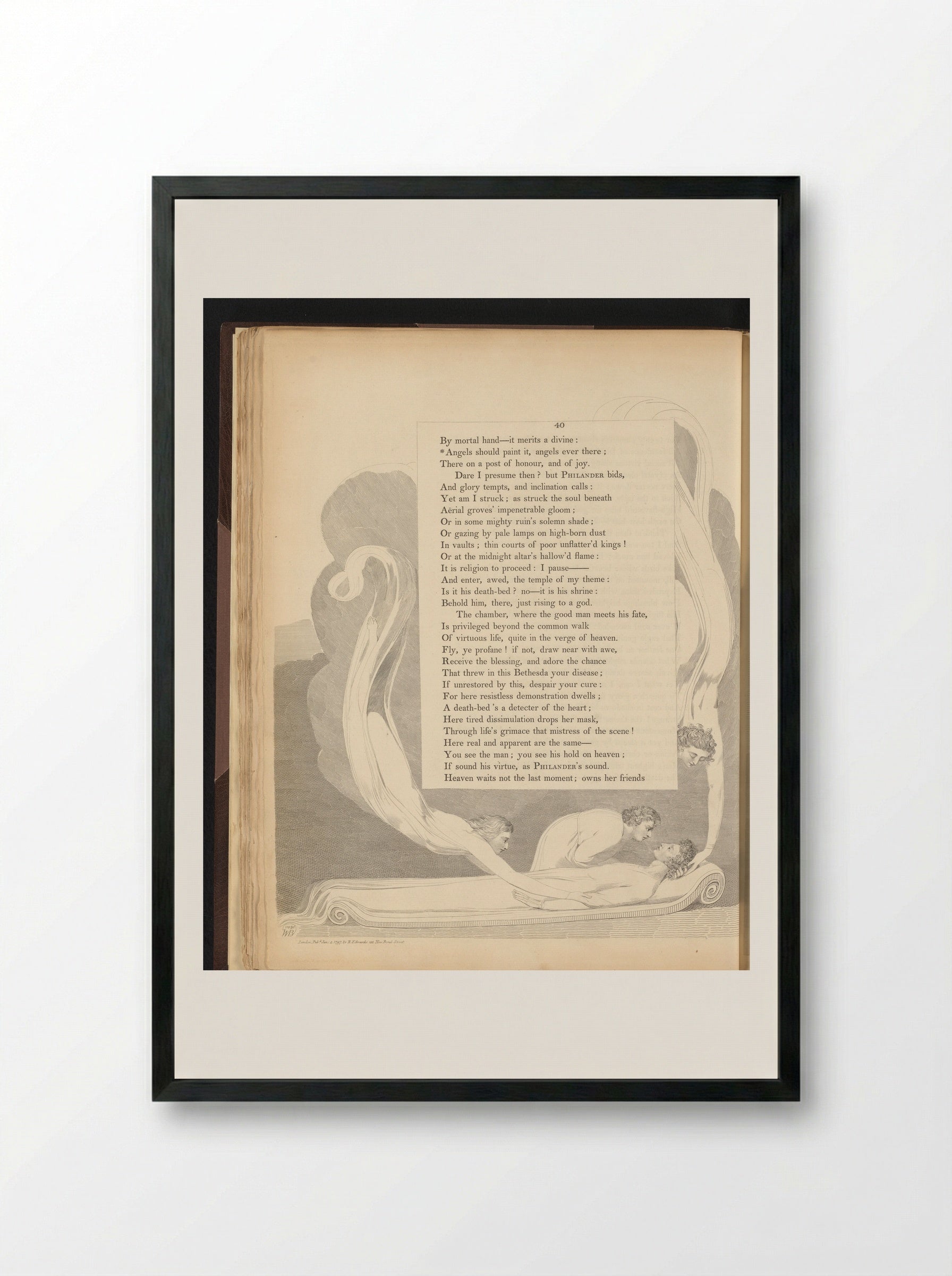 Liggende man omringd door drie vliegende figuren - William Blake - Framed Print Black