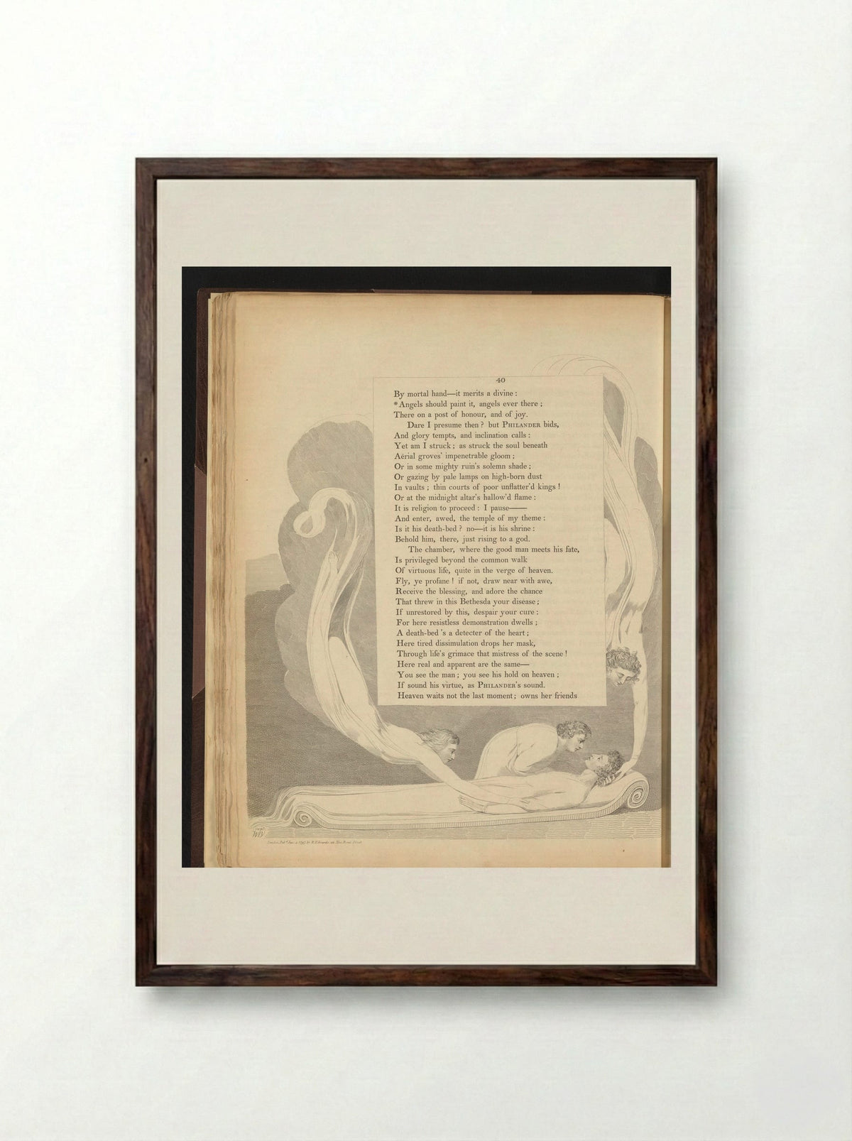 Liggende man omringd door drie vliegende figuren - William Blake - Framed Print Dark Wood