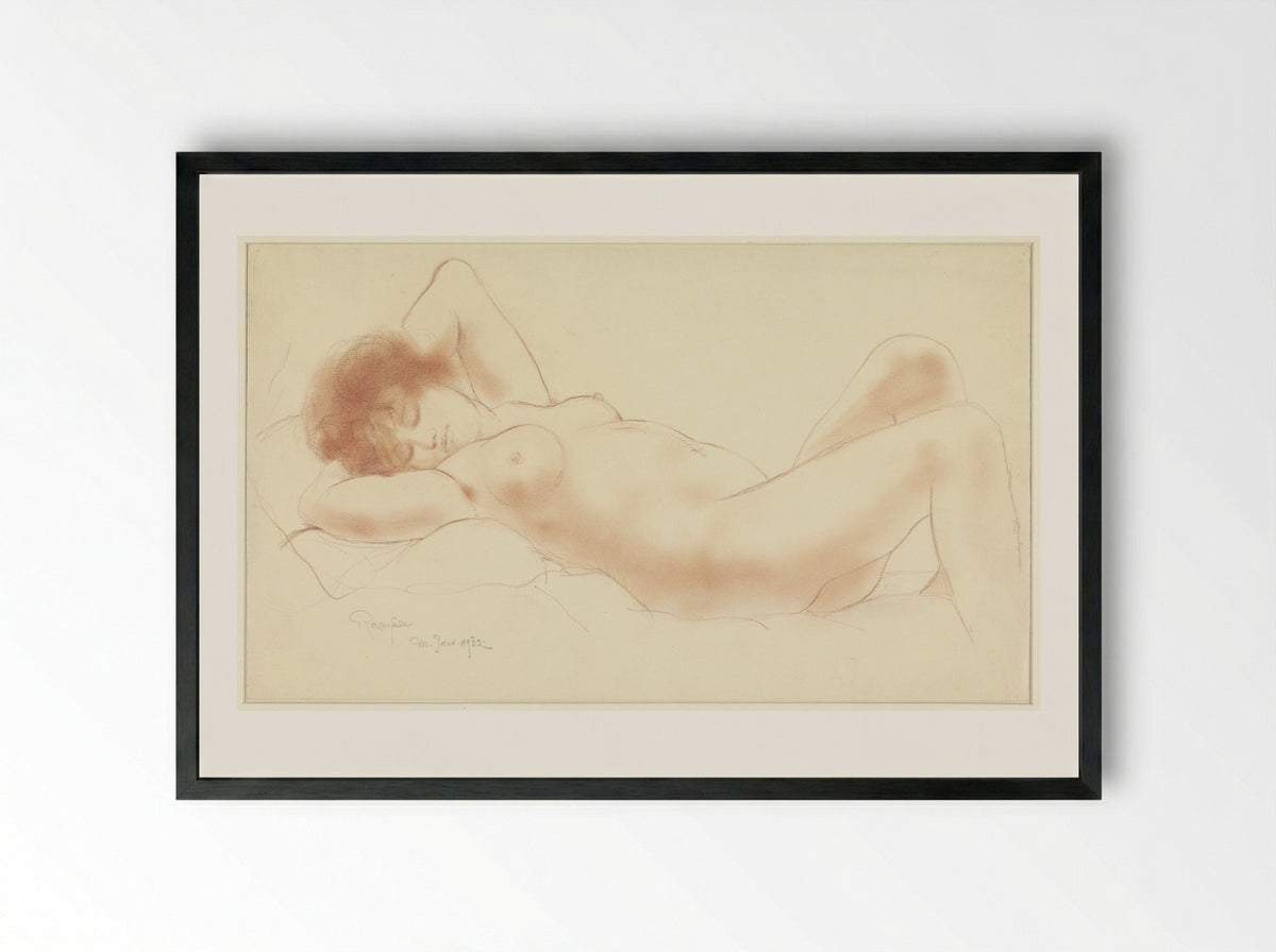Liggende naakte vrouw, de armen onder het hoofd - Armand Rassenfosse - Framed Print Black