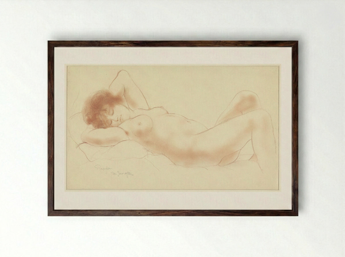 Liggende naakte vrouw, de armen onder het hoofd - Armand Rassenfosse - Framed Print Dark Wood