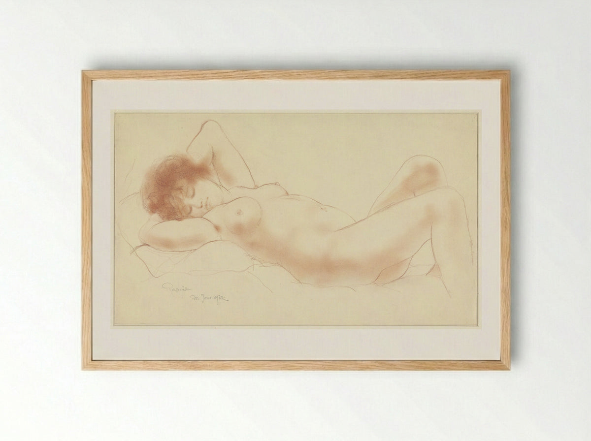 Liggende naakte vrouw, de armen onder het hoofd - Armand Rassenfosse - Framed Print Wood