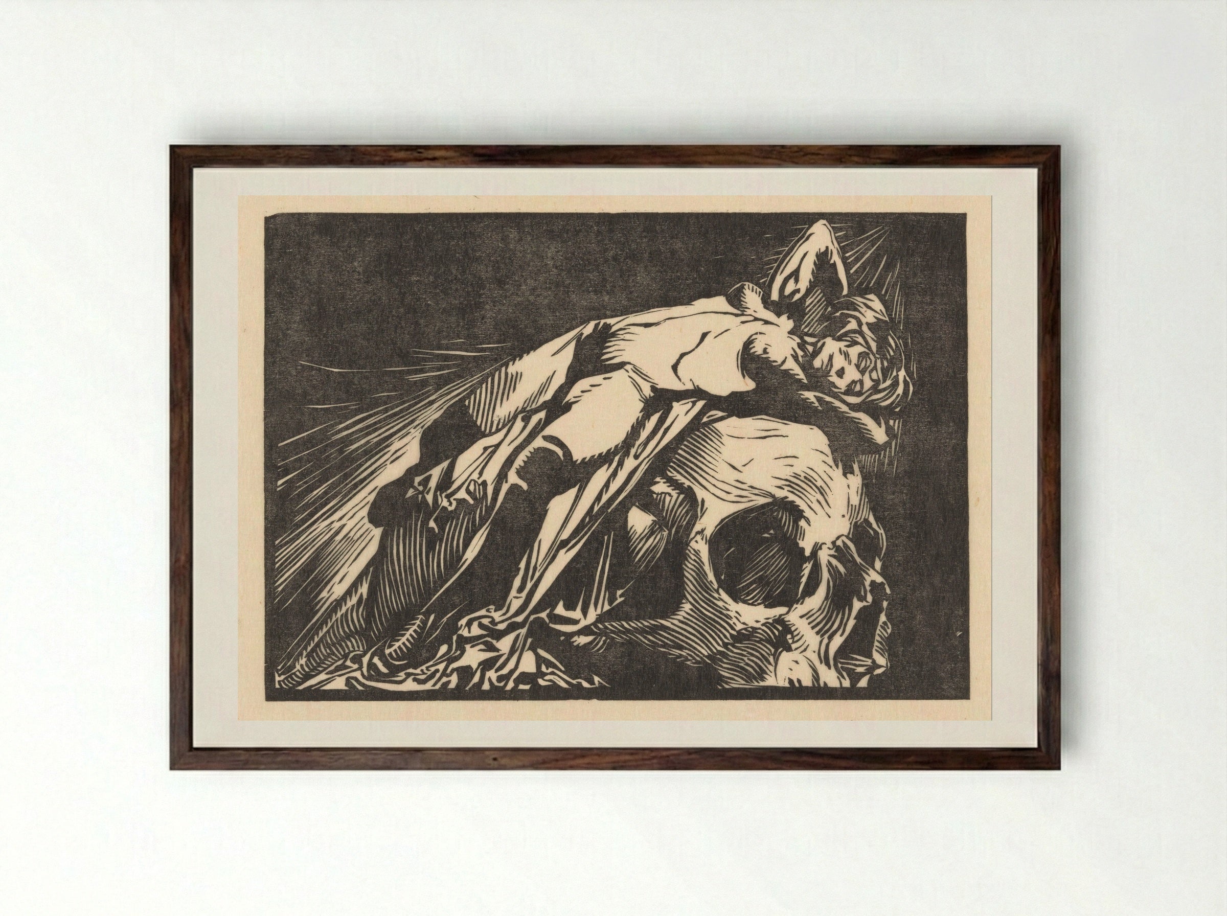 Liggende vrouw op doodskop - Johannes Josephus Aarts - Framed Print Dark Wood