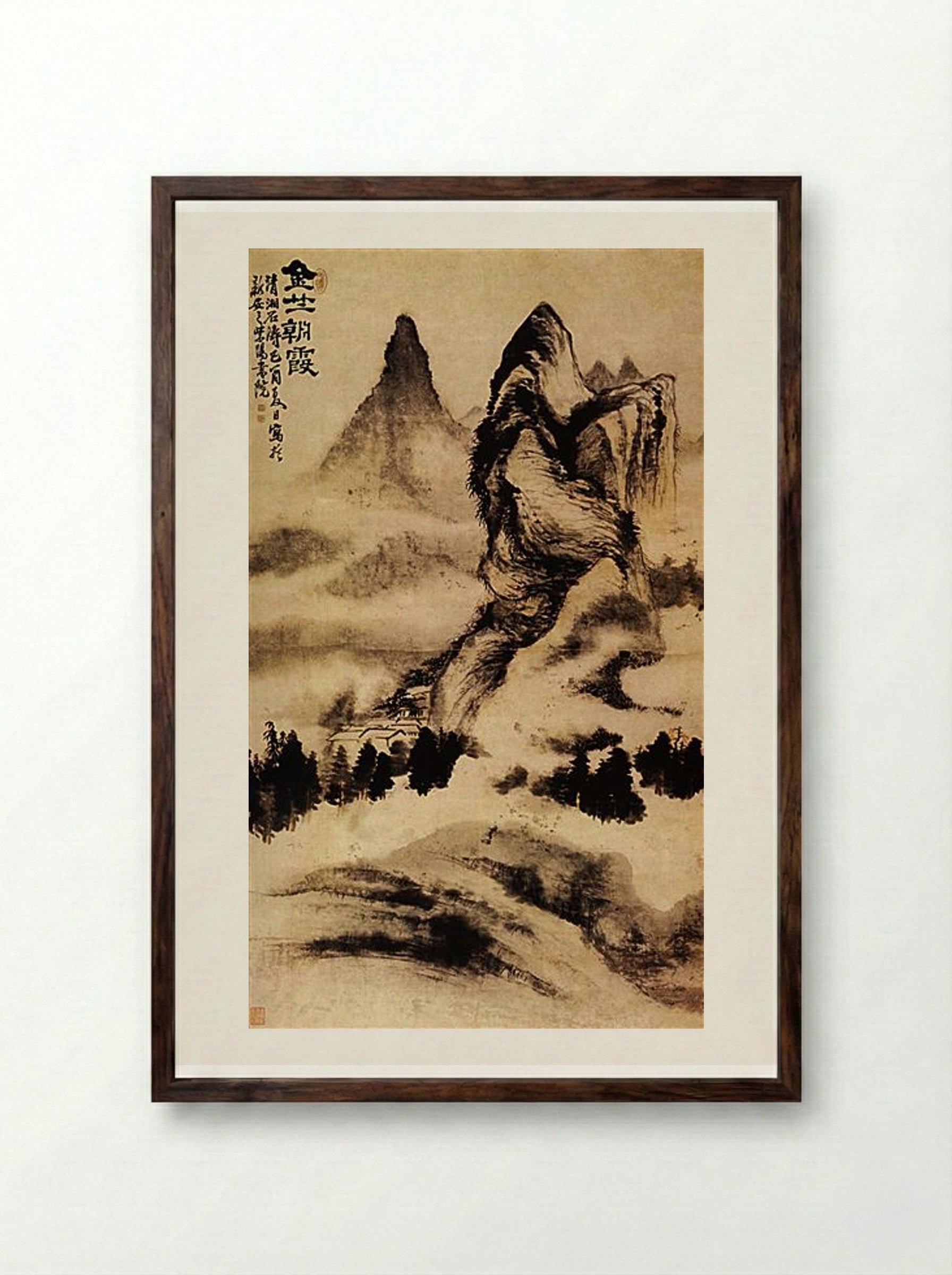 Light of Dawn on the Monastery - Shitao - Framed Print Dark Wood