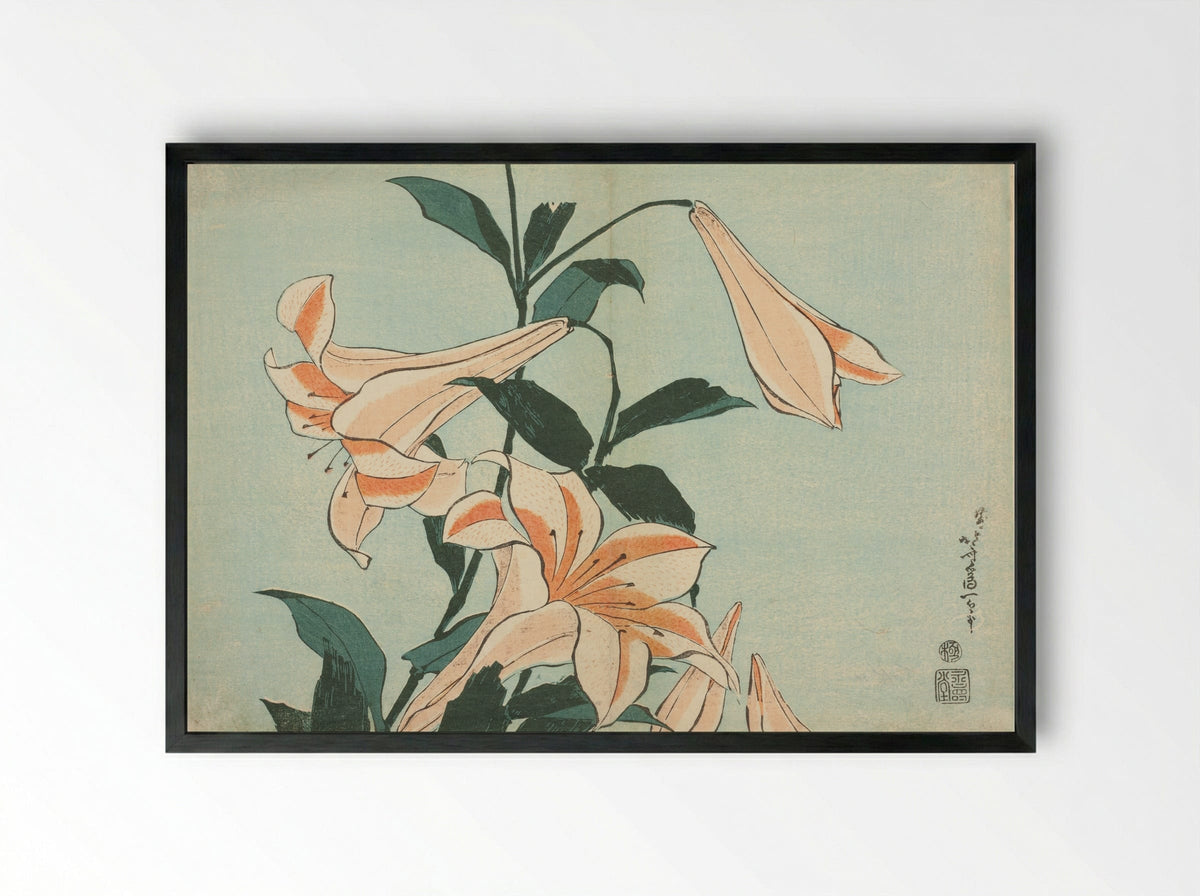 Lilies, from an untitled series of Large Flowers - Katsushika Hokusai - Framed Print Black