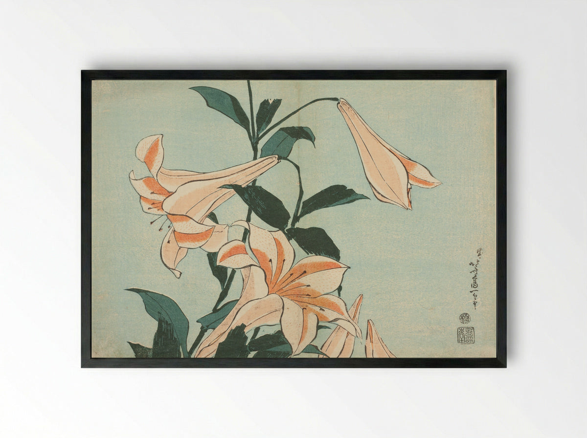 Lilies, from an untitled series of Large Flowers - Katsushika Hokusai - Framed Print Black