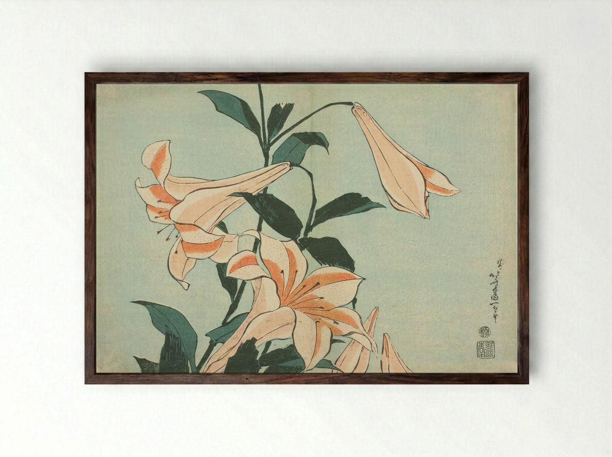 Lilies, from an untitled series of Large Flowers - Katsushika Hokusai - Framed Print Dark Wood