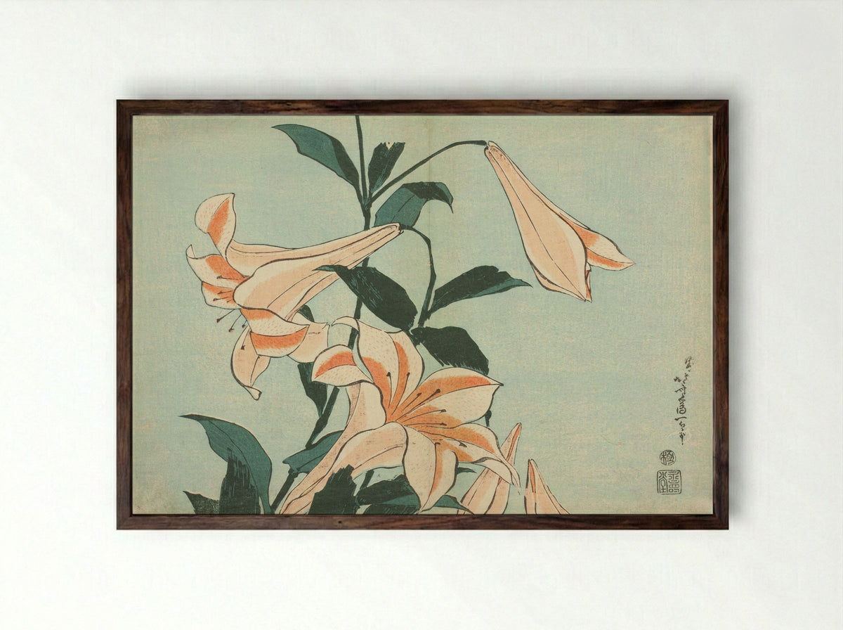 Lilies, from an untitled series of Large Flowers - Katsushika Hokusai - Framed Print Dark Wood
