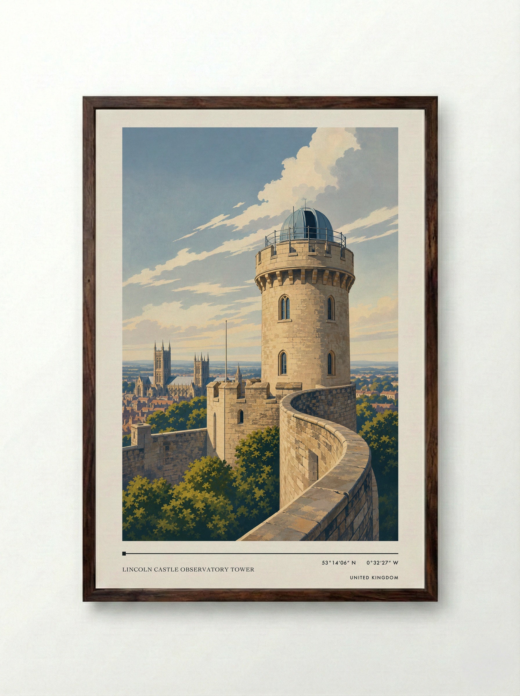 Lincoln Castle Observatory Tower United Kingdom Travel Poster - Framed Print Dark Wood
