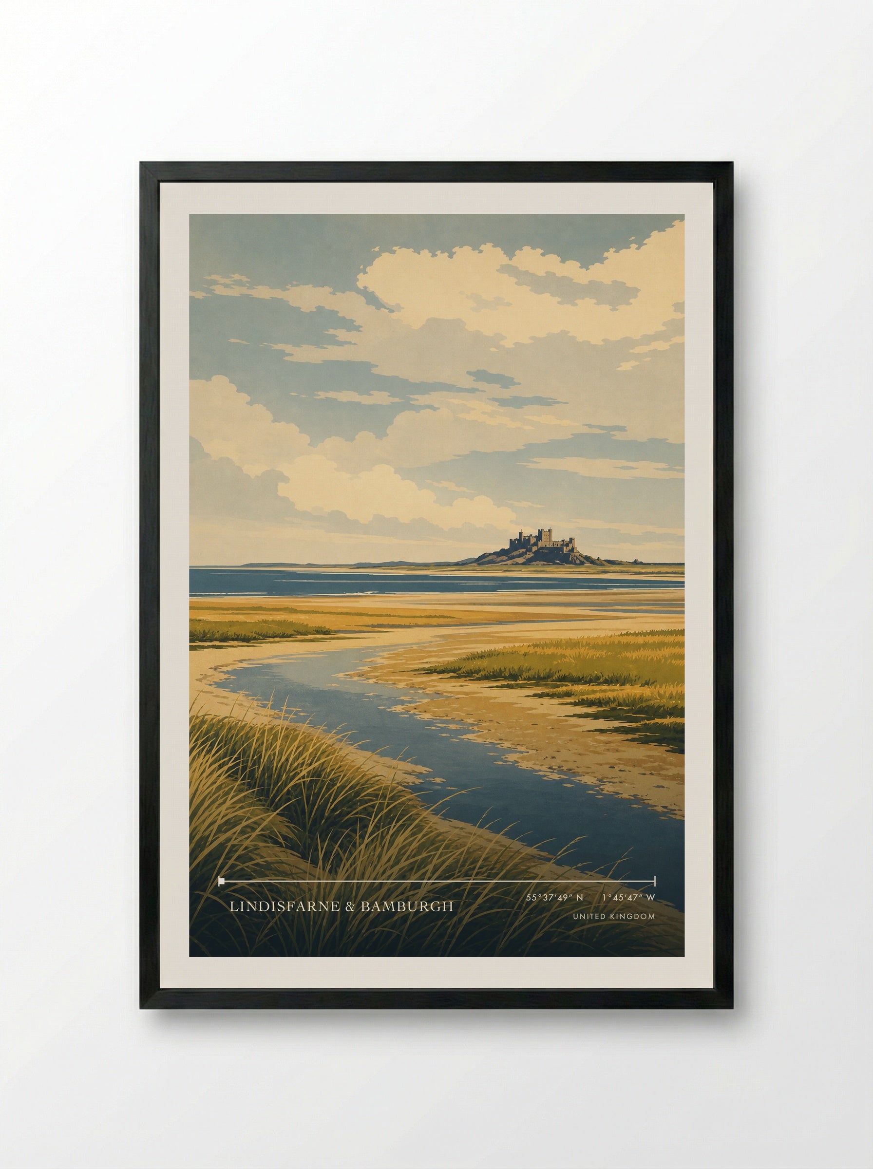 Lindisfarne & Bamburgh United Kingdom Travel Poster - Framed Print Black