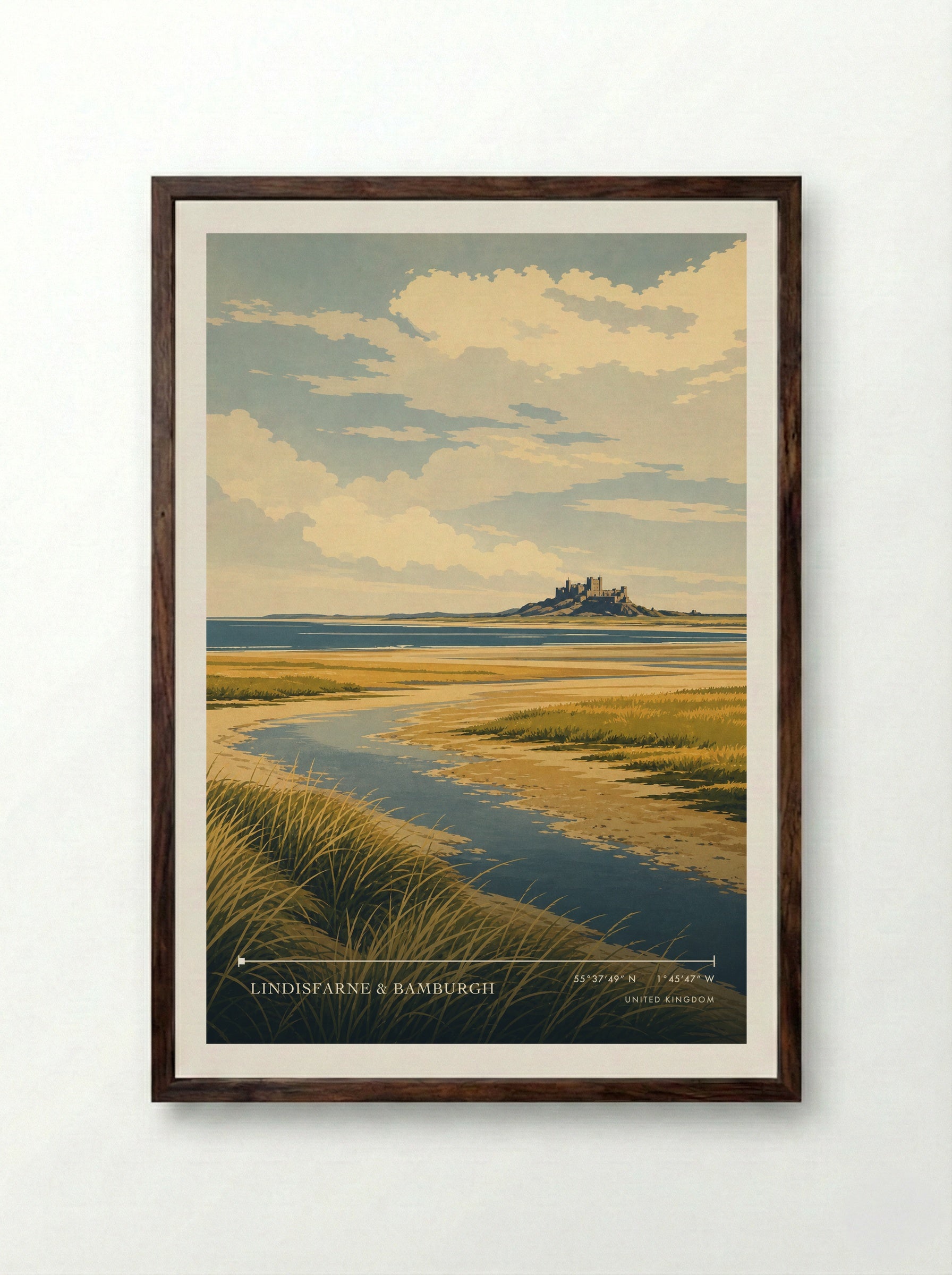 Lindisfarne & Bamburgh United Kingdom Travel Poster - Framed Print Dark Wood