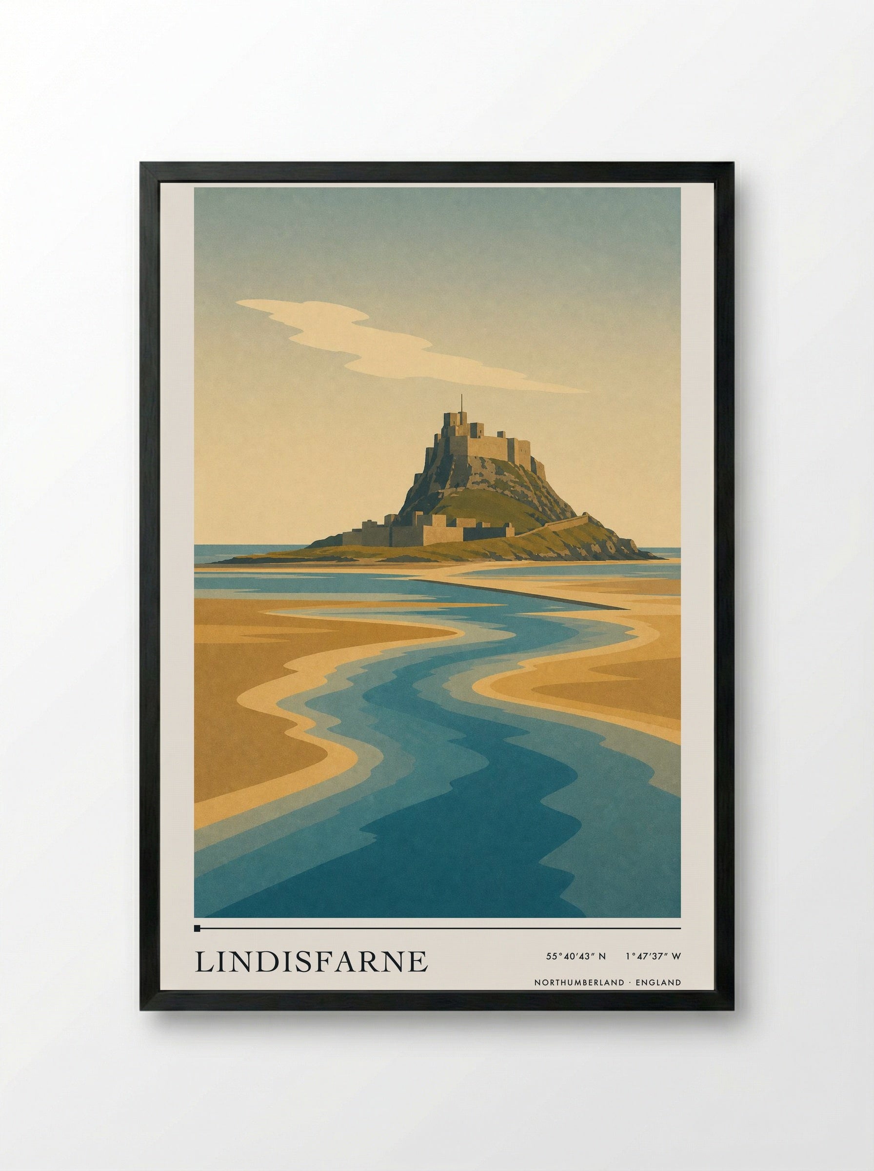 Lindisfarne Travel Poster Artwork - Framed Print Black
