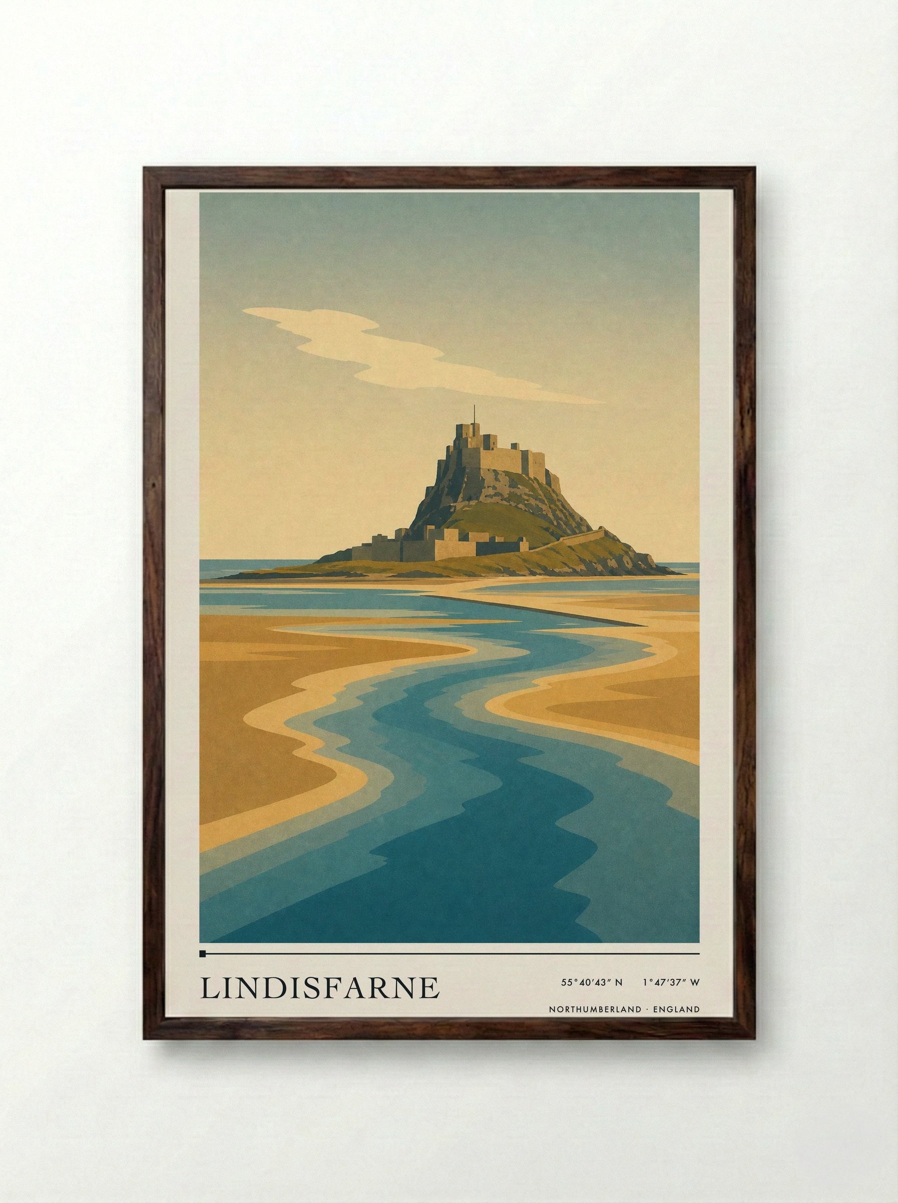 Lindisfarne Travel Poster Artwork - Framed Print Dark Wood