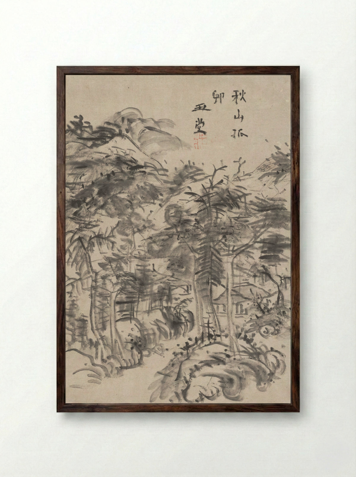 Lingering Rain over Half the Village - Urakami Gyokudō - Framed Print Dark Wood